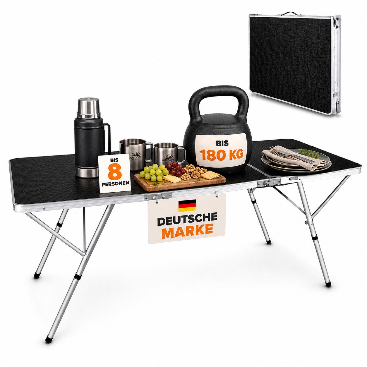 Onbest Klapptisch Campingtisch Falttisch Sylt mit Aluminiumgestell Tragegriff, rutschfest, 180cm, klappbar, MDF-Platte