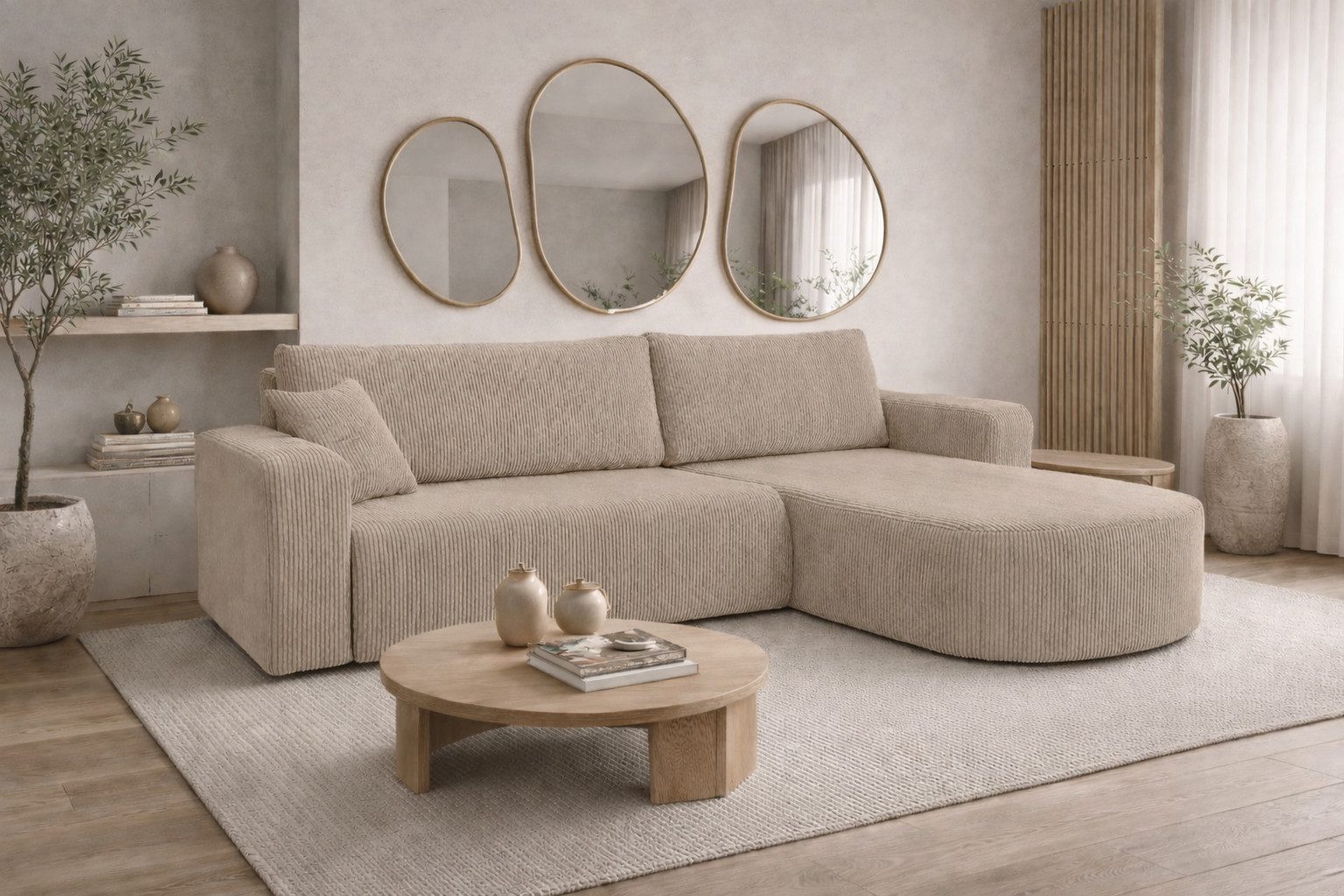 Kaiser Möbel Ecksofa mit Schlaffunktion für Wohnzimmer, Cordstoff Poso, ROUND ONE XL, XL-Format, abgerundete Form, Liegefunktion, Stauraum