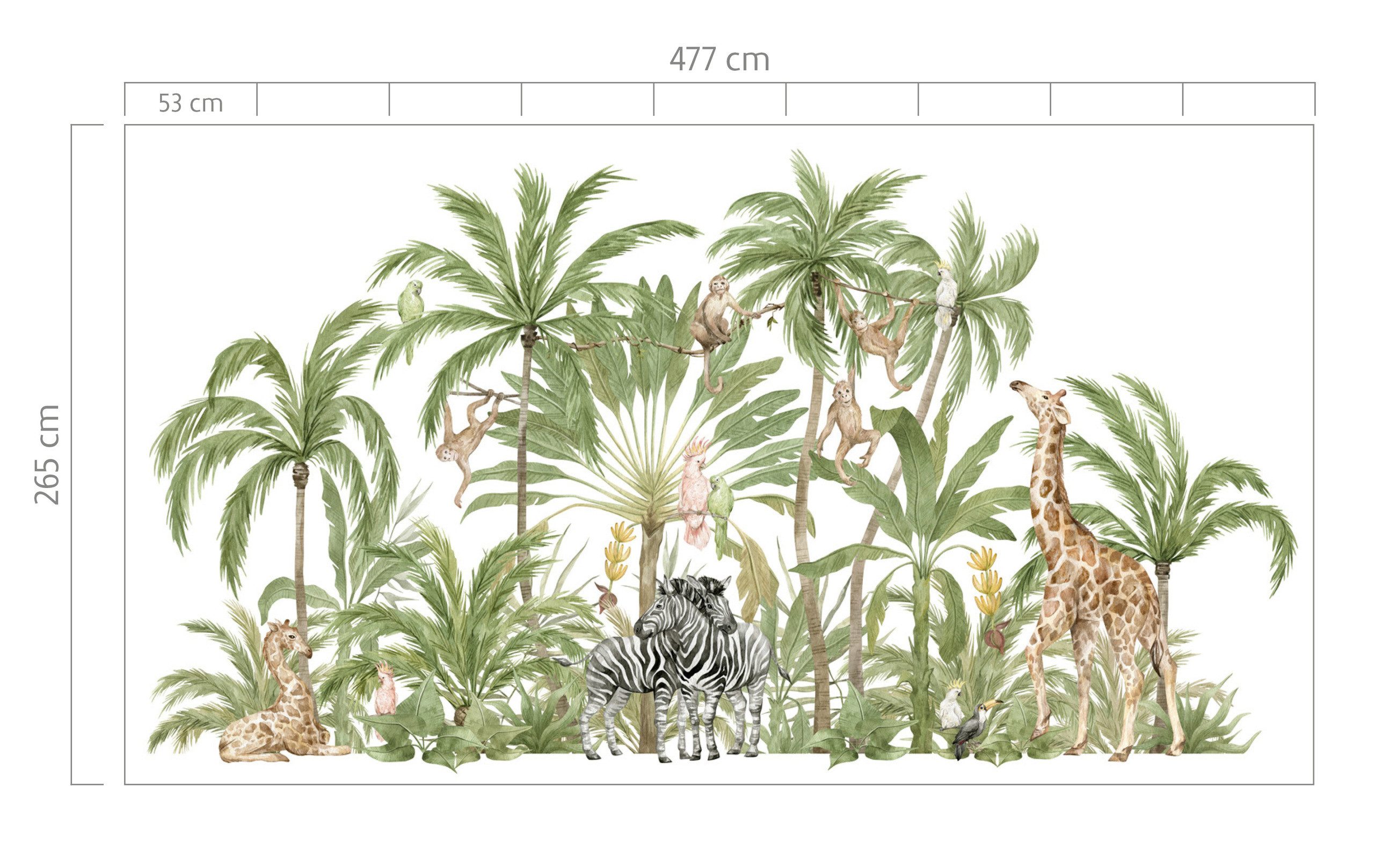 Rasch Fototapete Palmen & afrikansiche Tiere wie Zebra, Giraffe & Affen - Vliestapete, bedruckt, (1 Rolle, 1 St., 2,65 m x 4,77 m), Lichtbeständige Farben - Feucht abwischbar - Restlost abziehbar