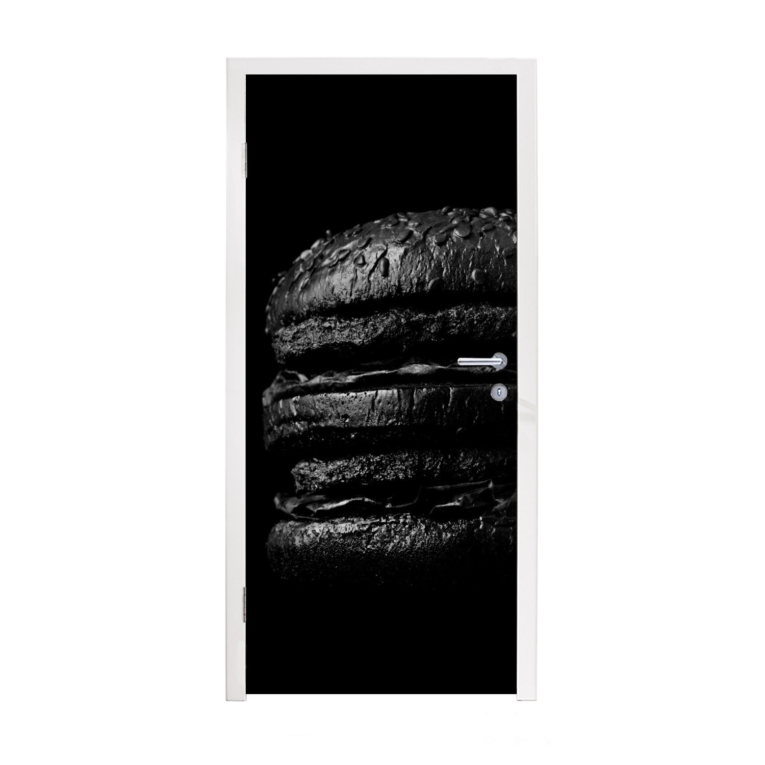 MuchoWow Türtapete Hamburger auf schwarzem Hintergrund in schwarz und weiß, Matt, bedruckt, (1 St), Fototapete für Tür, Türaufkleber, 75x205 cm