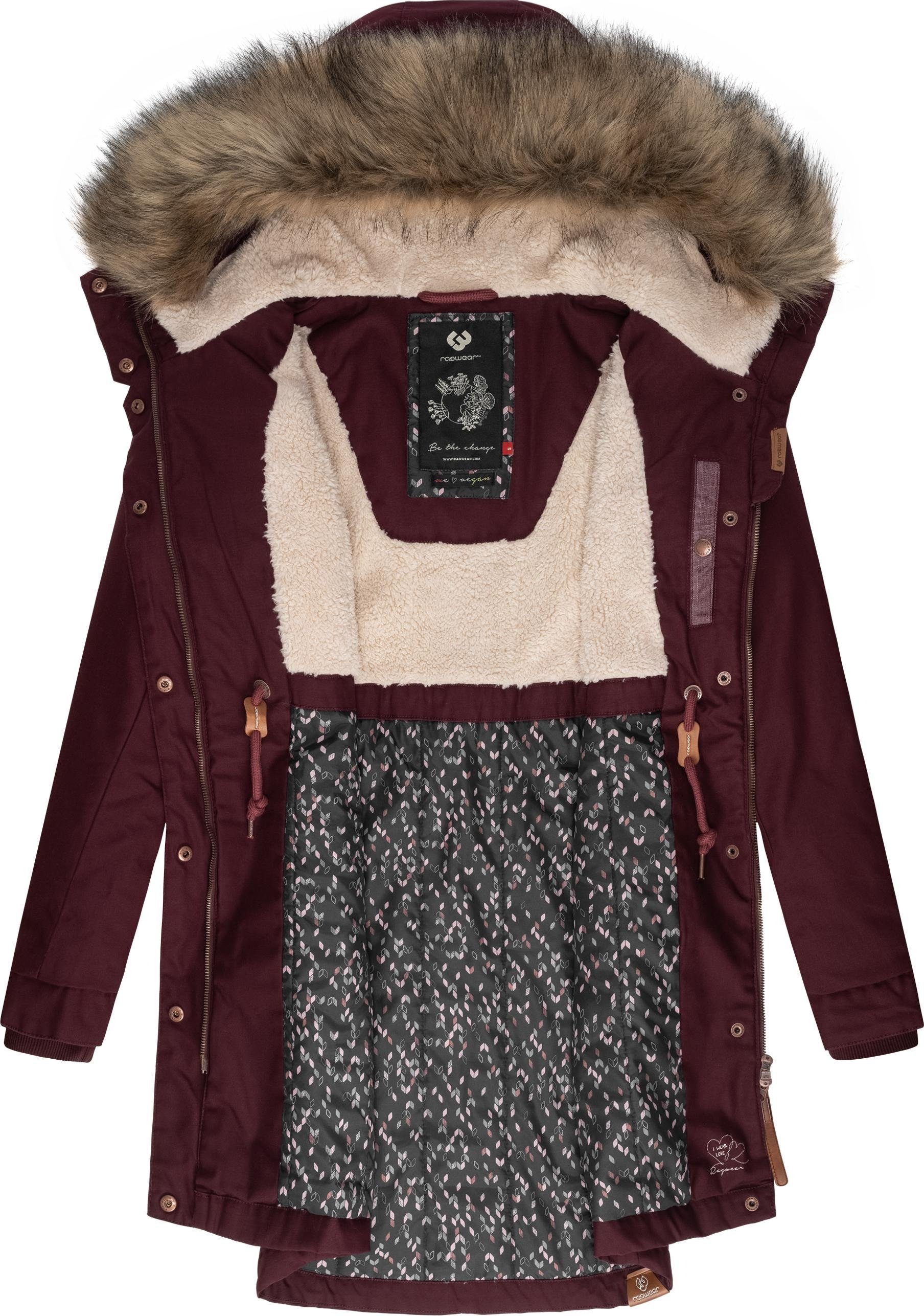 stylischer Winterparka Tawny Winterjacke und dunkelrot mit Kapuze großer Kunstfellkragen Ragwear