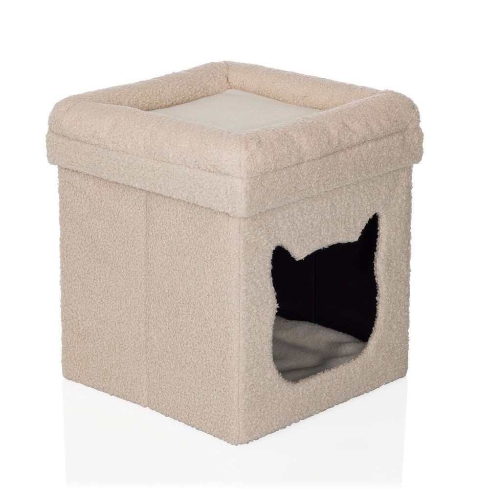 hjh LIVING Tierhaus Katzenhaus PAWY ES Stoff, Faltbares Katzenbett, Robuster Bouclé-Stoff, inkl. Teddy-Kissen