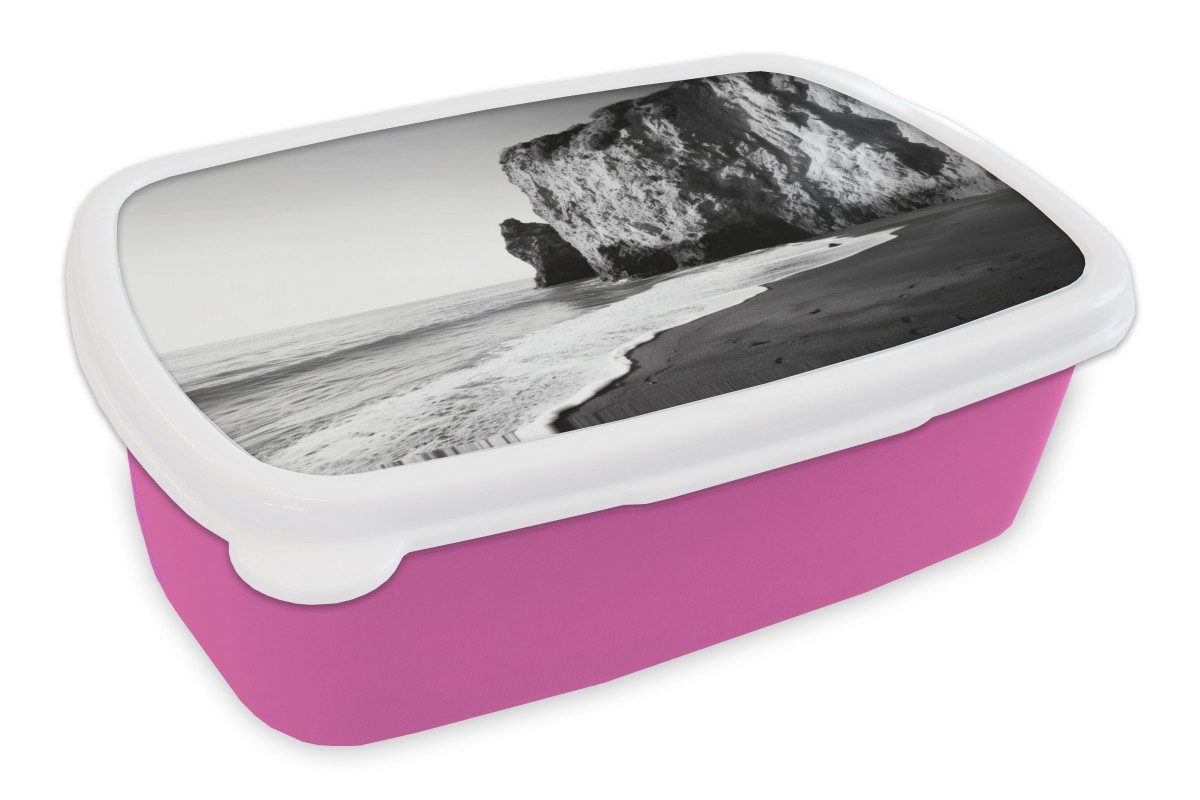 MuchoWow Lunchbox Strand - Klippe - Wellen - Fußstapfen, Kunststoff, (2-tlg), Brotdosen, Lunch Box, Brotbox für Kinder und Erwachsene