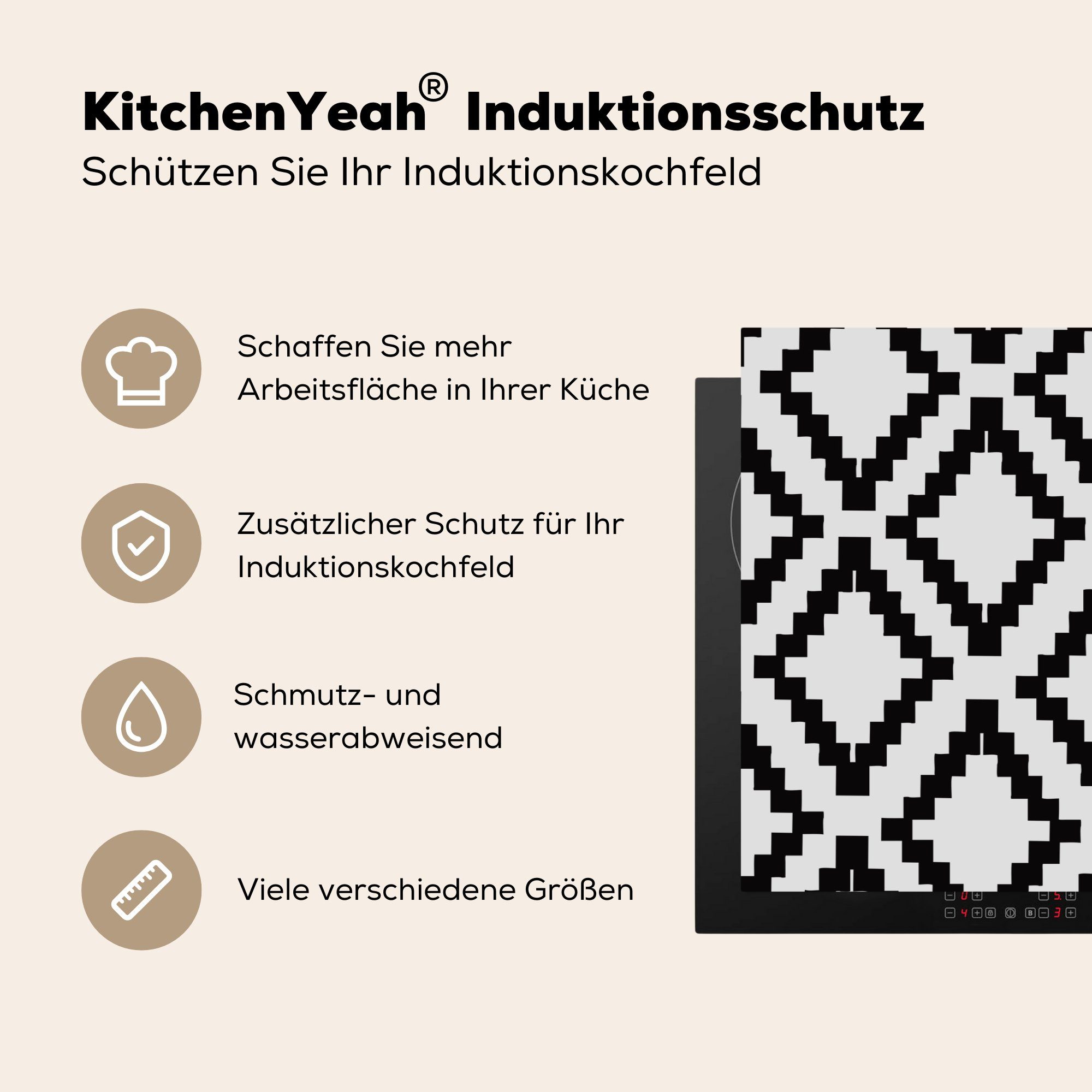 MuchoWow Herdblende-/Abdeckplatte Muster Luxus, 81x52 - - Weiß Vinyl, die für cm, - Induktionskochfeld küche, Ceranfeldabdeckung Schutz Schwarz (1 tlg)