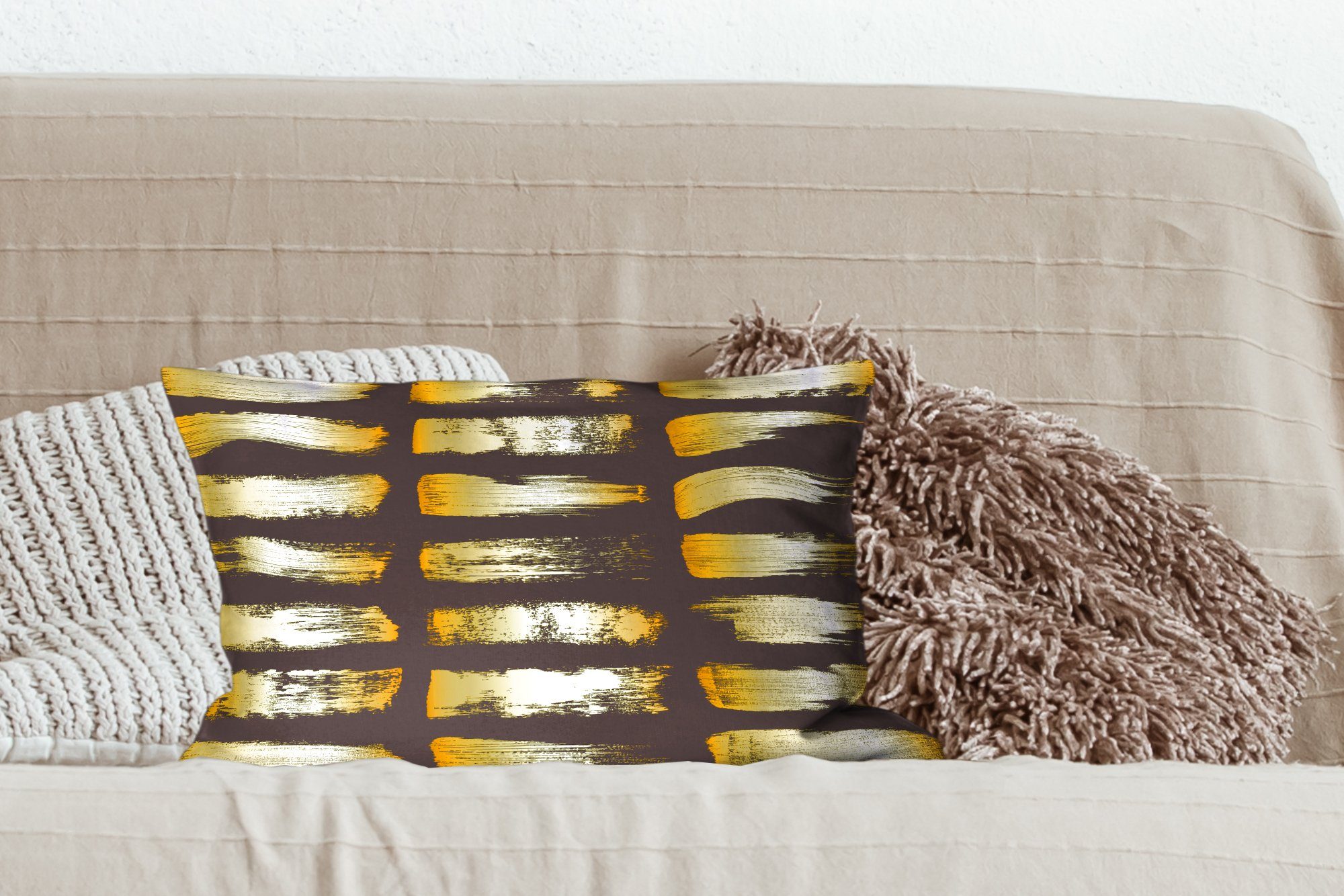 Goldene Hintergrund, Füllung, Dekokissen Dekoration, schwarzem Dekokissen auf Streifen mit MuchoWow Zierkissen, Schlafzimmer Wohzimmer