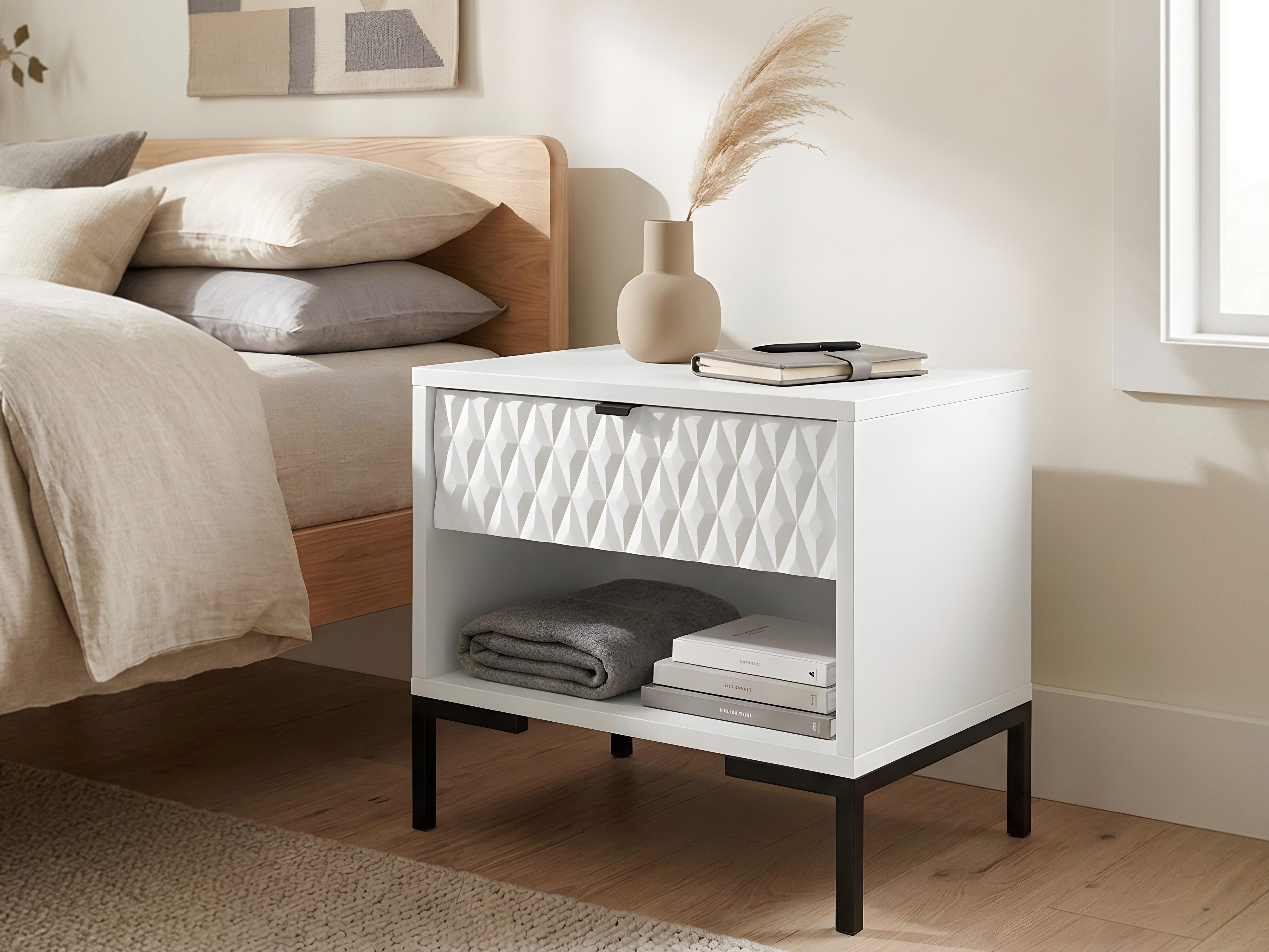 Beautysofa Nachttisch MONTREAL mit Schublade und offenem Fach (Metallfüße, Weiß oder Kaschmir, Nachtschrank mit dekorative 3D-Front), Breite: 52 cm