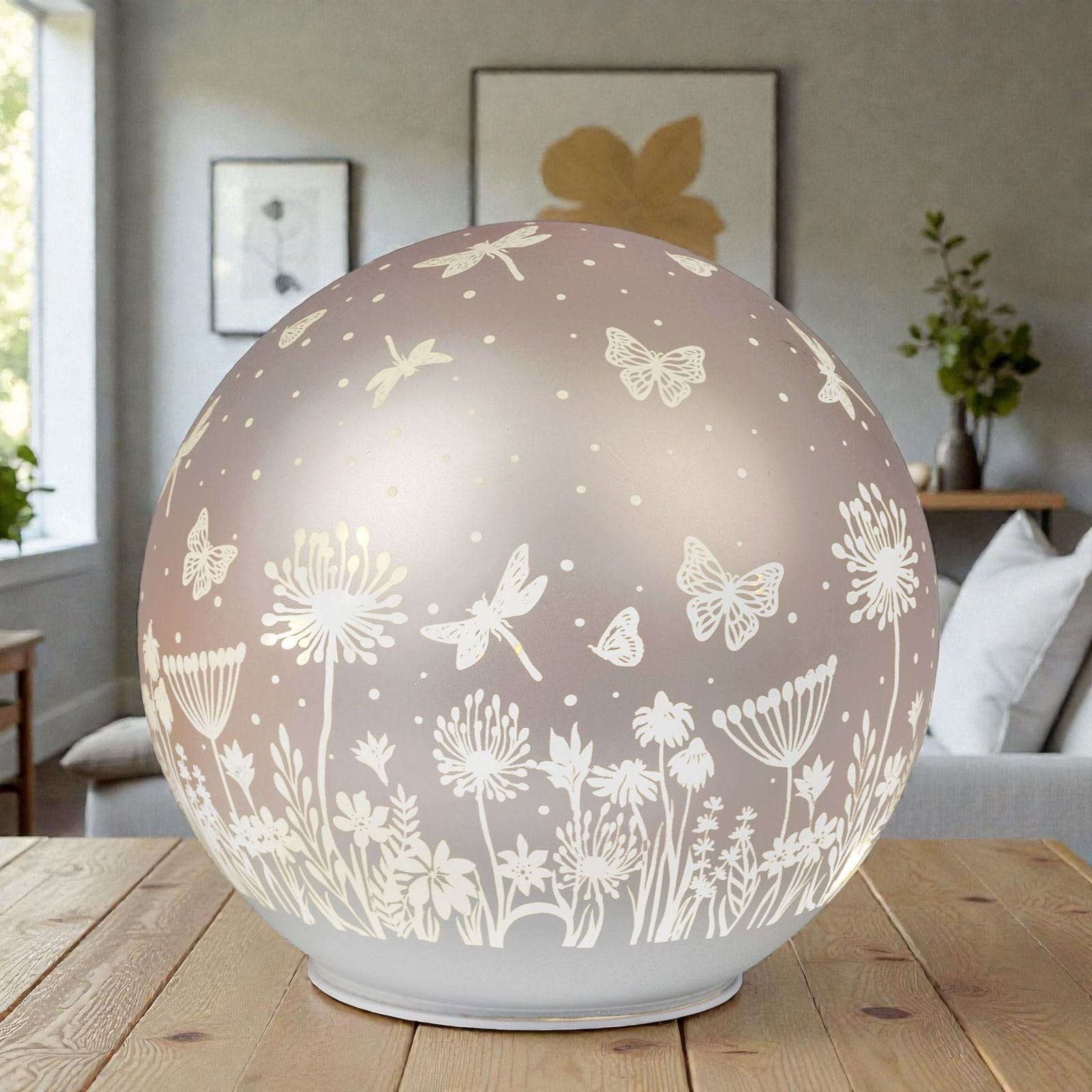 formano LED Dekolicht Deko Kugel Glas Peach Rosa 12cm matte Glasleuchte mit Blumen-Dekor, LED fest integriert – Bild 4 von 4