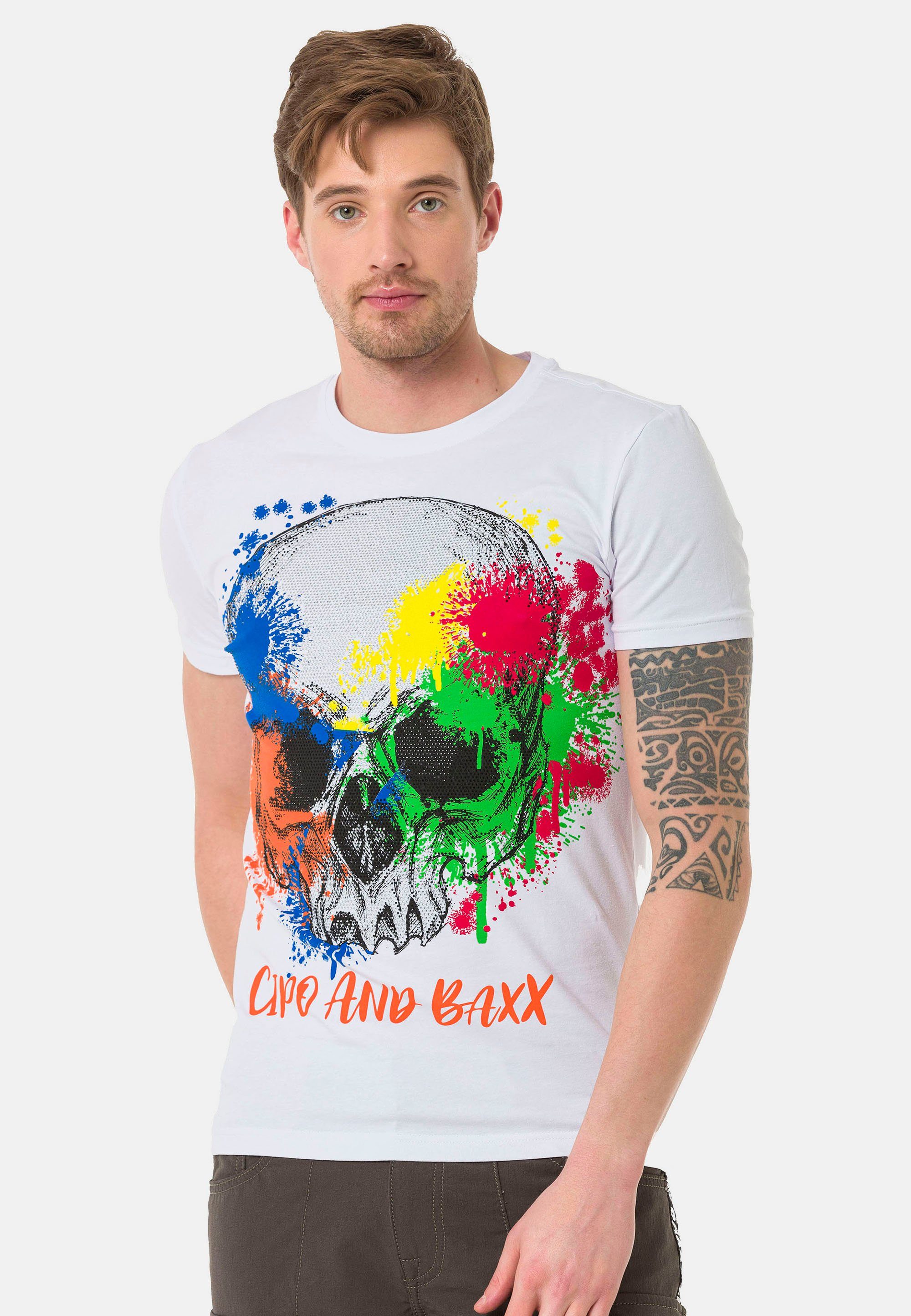 Cipo & Baxx T-Shirt mit farbenfrohem Totenkopf-Print weiß