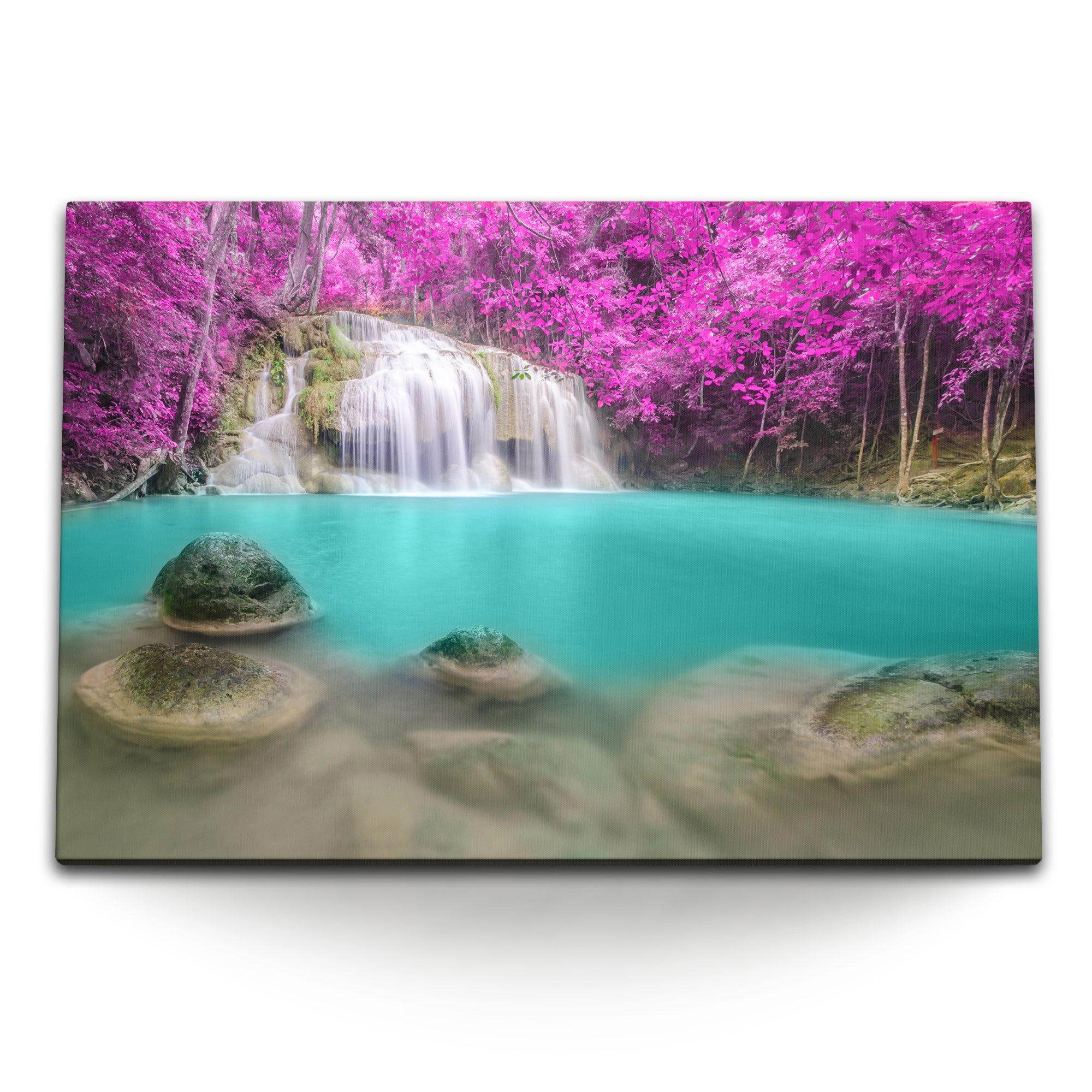 Leinwandbild 120x80cm Wandbild auf Leinwand Wasserfall Thailand Türkis Natur Rosa E