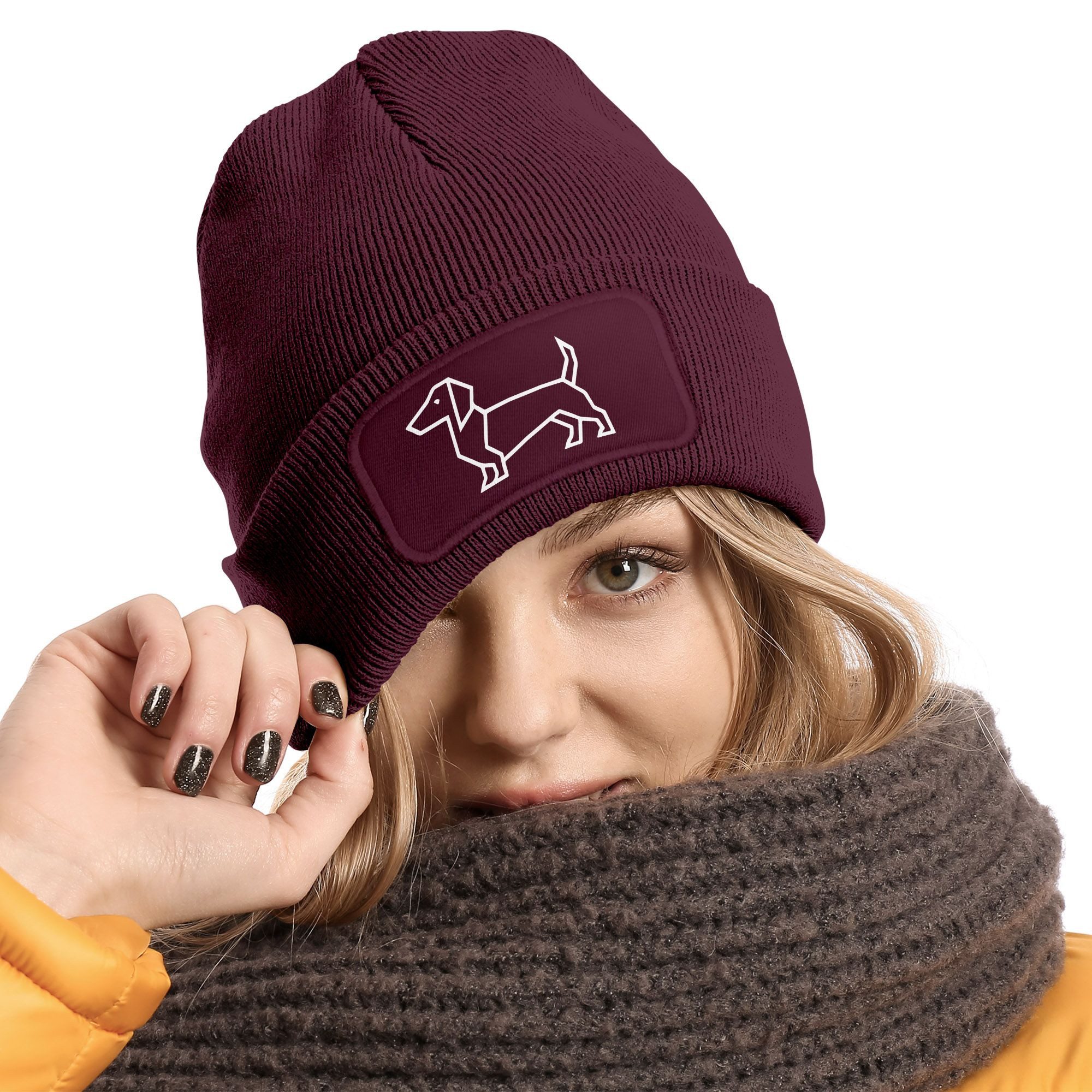 MoonWorks Strickmütze Damen Beanie mit Patch Strickmütze Aufdruck Dackel Polygon Hund – Bild 3 von 4