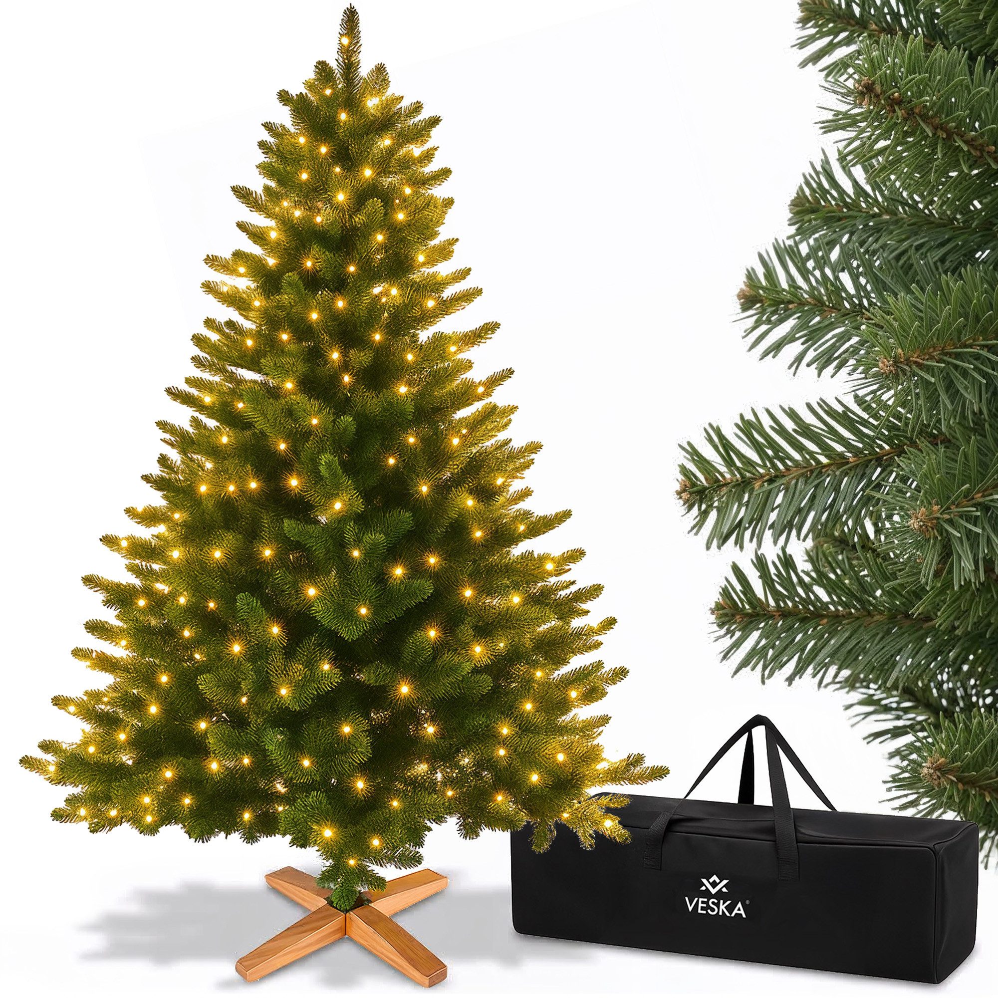 VESKA Künstlicher Weihnachtsbaum Naturgetreu mit Holzständer, Tannenbaum 140cm / 180 cm, dichte Zweige, mit Aufbewahrungstasche, LED Beleuchtung