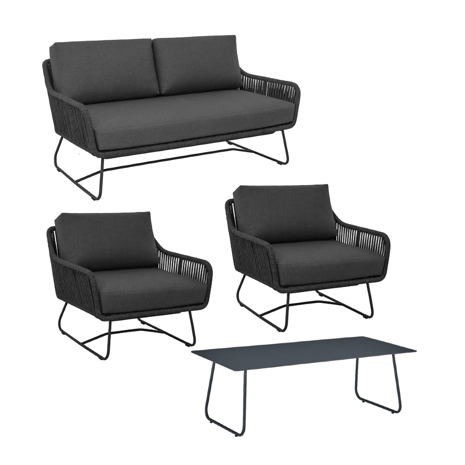 CASA DOMA Gartenlounge-Set Ribera/Arista, (Lounge-Set für 4 Pers., 4-tlg., Sofa, 2 Sessel, Tisch), wetterfester Stoff, Rope anthrazit, Kufengestell