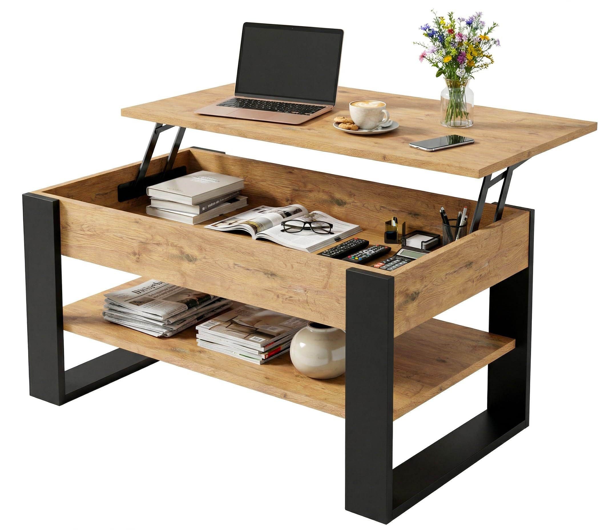 TREND WERK Couchtisch Lift-Couchtisch höhenverstellbar Sofatisch 92×54 cm mit Stauraum, verstecktem Fach Wohnzimmertisch Holz modern