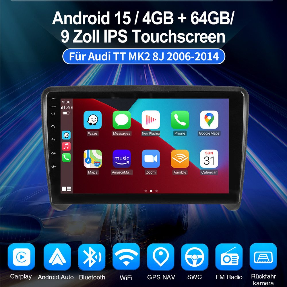ESSGOO Autoradio Für AUDI TT MK2 8J 2006-2014 Android 15 4+64GB Autoradio (RDS, FM, AM, Carplay Android Auto GPS Navi WIFI BT USB)