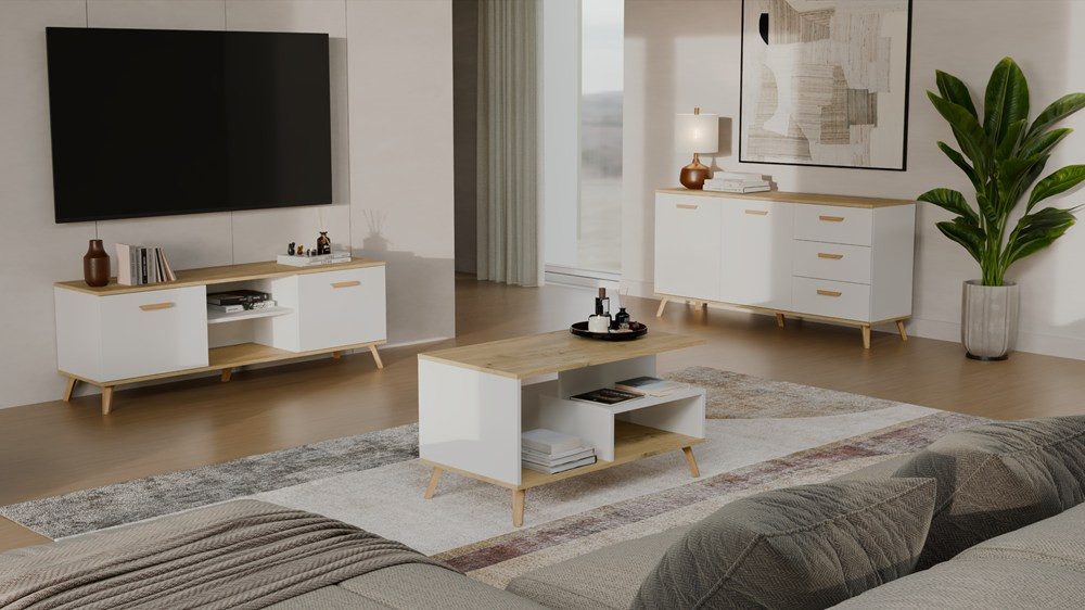 ibonto Couchtisch Couchtisch mit 2 Ablagen, Wohnzimmertisch mit Holzbeinen 90x48x49 cm (1 Couchtisch), Mit 2 offenen Ablagefächern