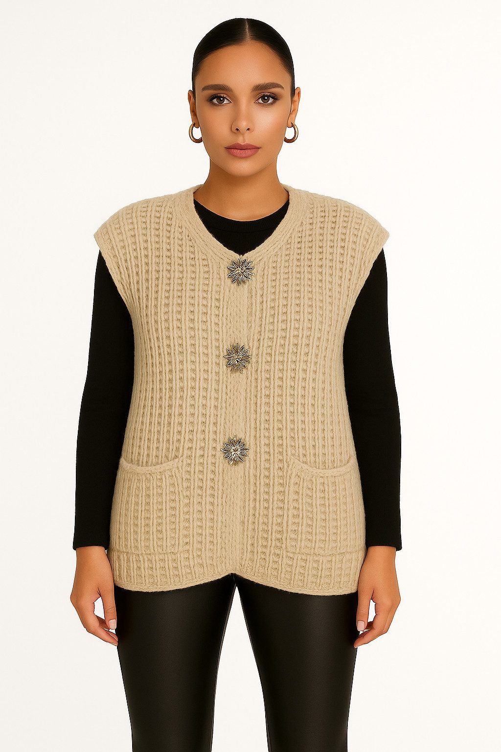 Worldclassca Strickweste WORLDCLASSCA Oversize Strickweste Ärmellos Dick Pullover Weste Knopf Neue Kollektion - Stilvolle und gemütliche Strickmode für Damen