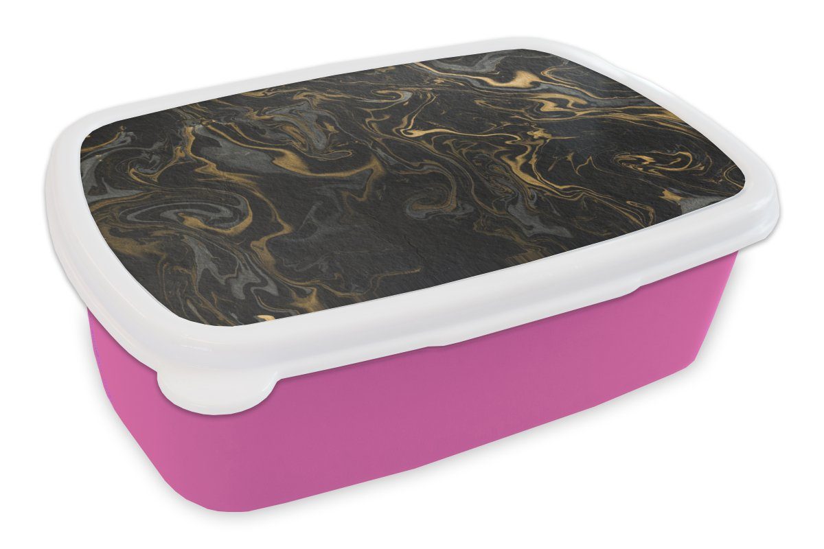 MuchoWow Lunchbox Marmor - Textur - Grau - Gold - Marmoroptik - Luxus, Kunststoff, (2-tlg), Brotbox für Erwachsene, Brotdose Kinder, Snackbox, Mädchen, Kunststoff rosa