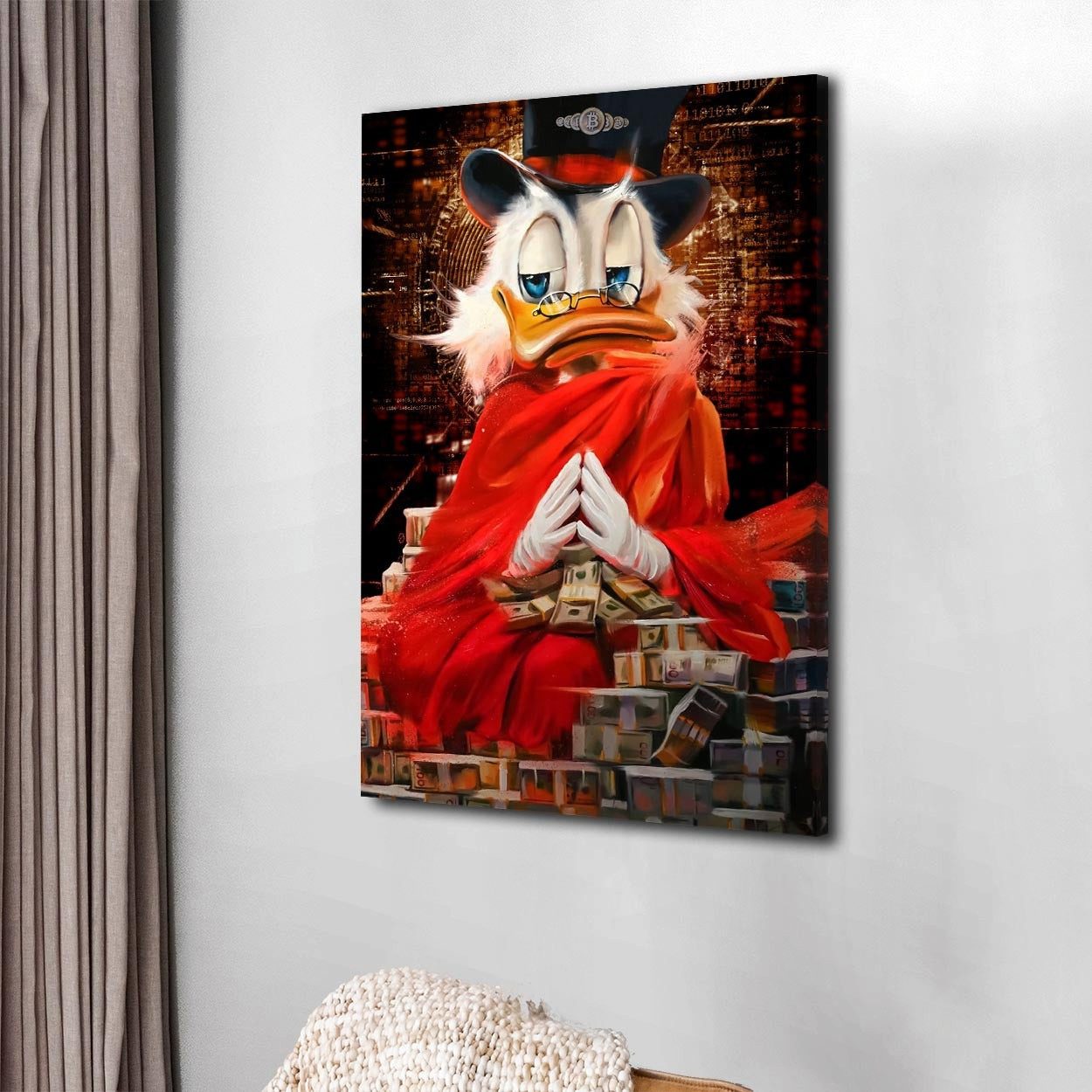 Artedinoi Leinwandbild Buddha Duck Money Comic Wandbild Leinwandbild Deko Kunst XL, Comic-Ente als Buddha mit Geld