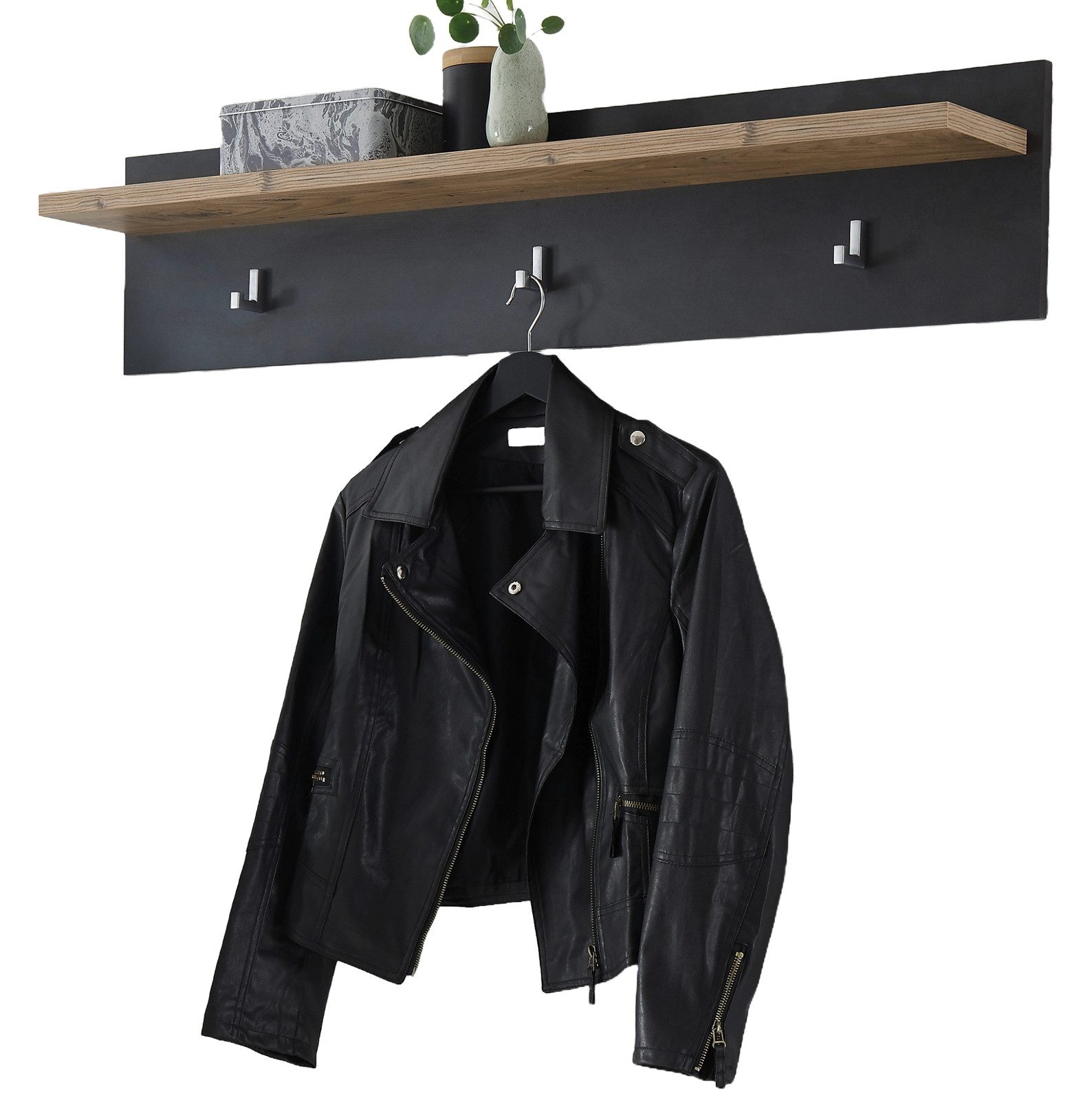 Furn.Design Garderobenpaneel Beveren (Wandgarderobe in Fresco grau und Kastanie, 107 x 23 cm), mit 3 Kleiderhaken und Ablage