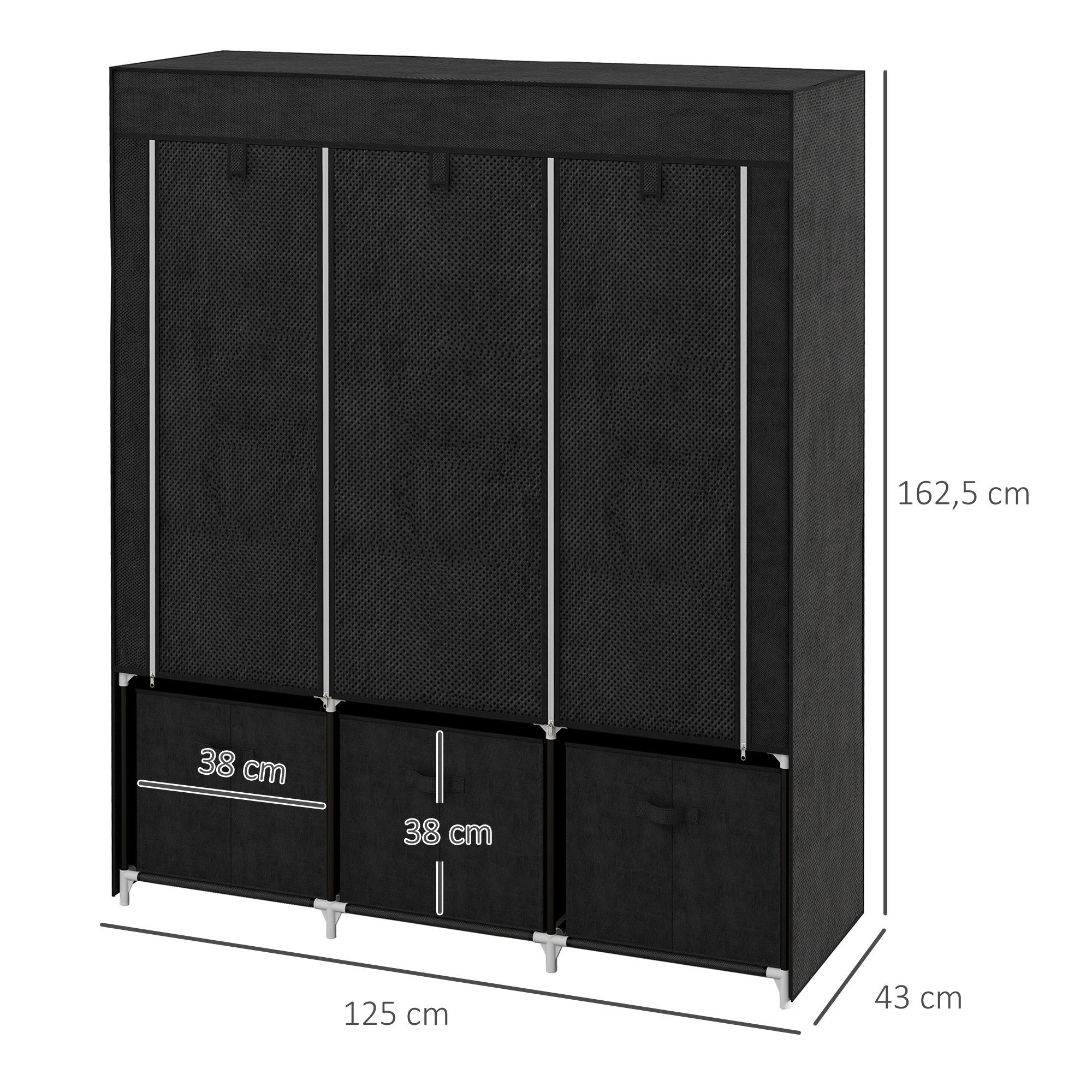 HOMCOM Stoffschrank Kleiderschrank mit Kleiderstange, Schubladen, Reißverschluss (Faltbare Garderobe, 1-St., Faltschrank) Schwarz, 125 x 43 x 162,5 cm – Bild 3 von 5