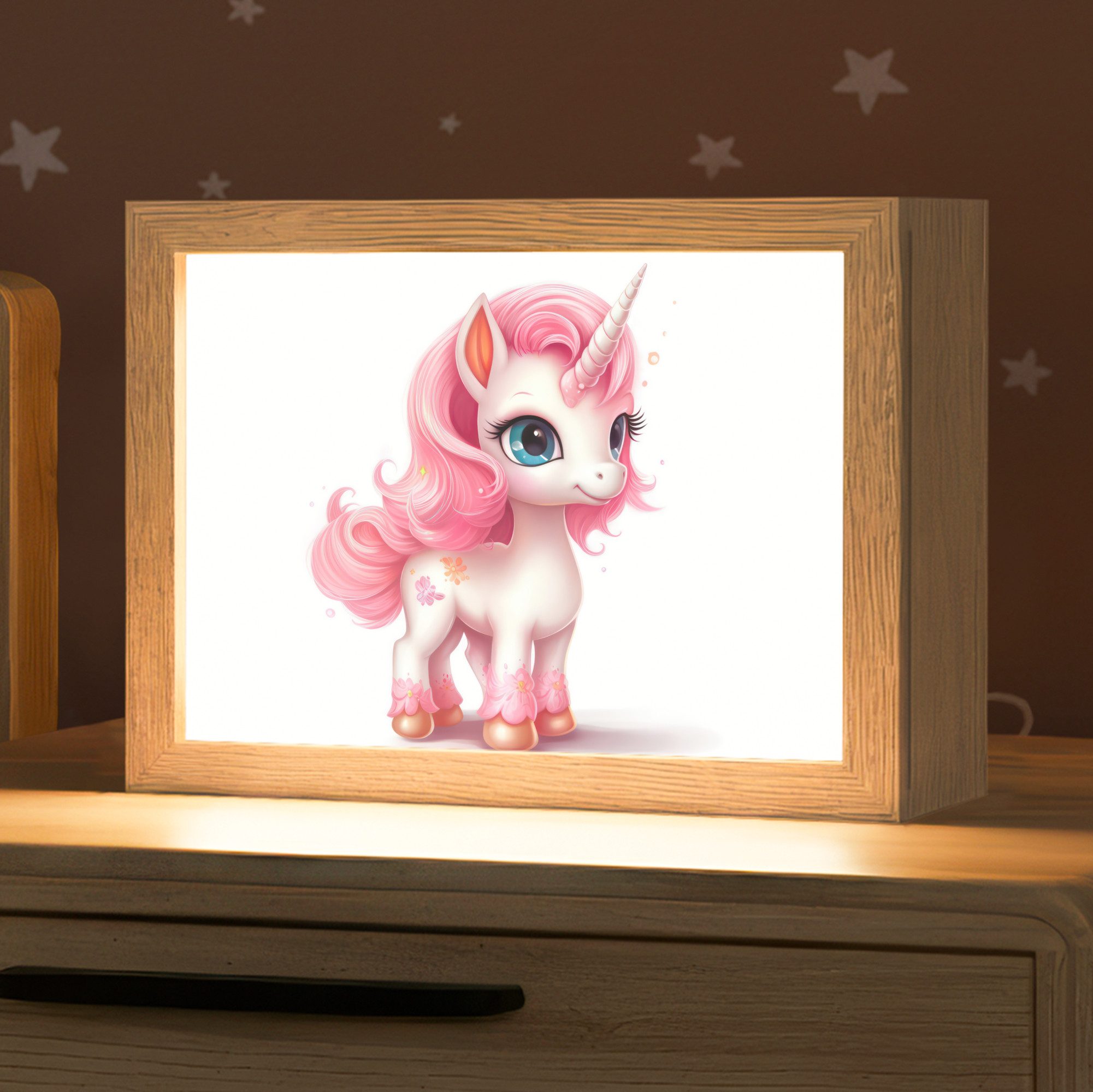OnlyWow Nachttischlampe Lightbox Einhorn - Mädchen - Kinder - Einhorn - Rosa, Dimmbar, Farbwechsel, LED, Warmweiß, Kaltweiß, Neutralweiß Einstellbar, Nachtlicht, Kinder- und Babyzimmer, Dimmbar, mit Kabel, Tischleuchte