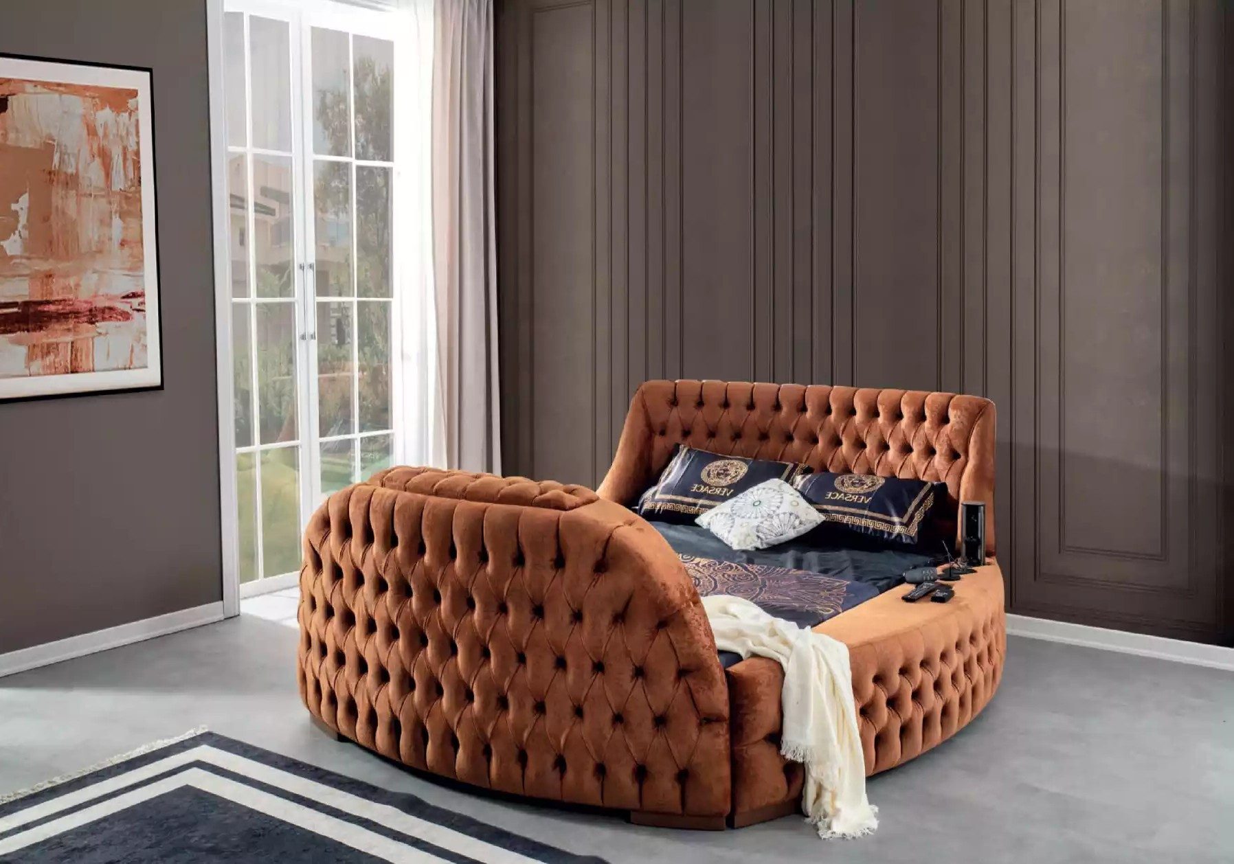 Xlmoebel Multimediabett Chesterfield Polsterbett in Braun mit TV-Hebesystem (Bett), Hergestellt in Europa