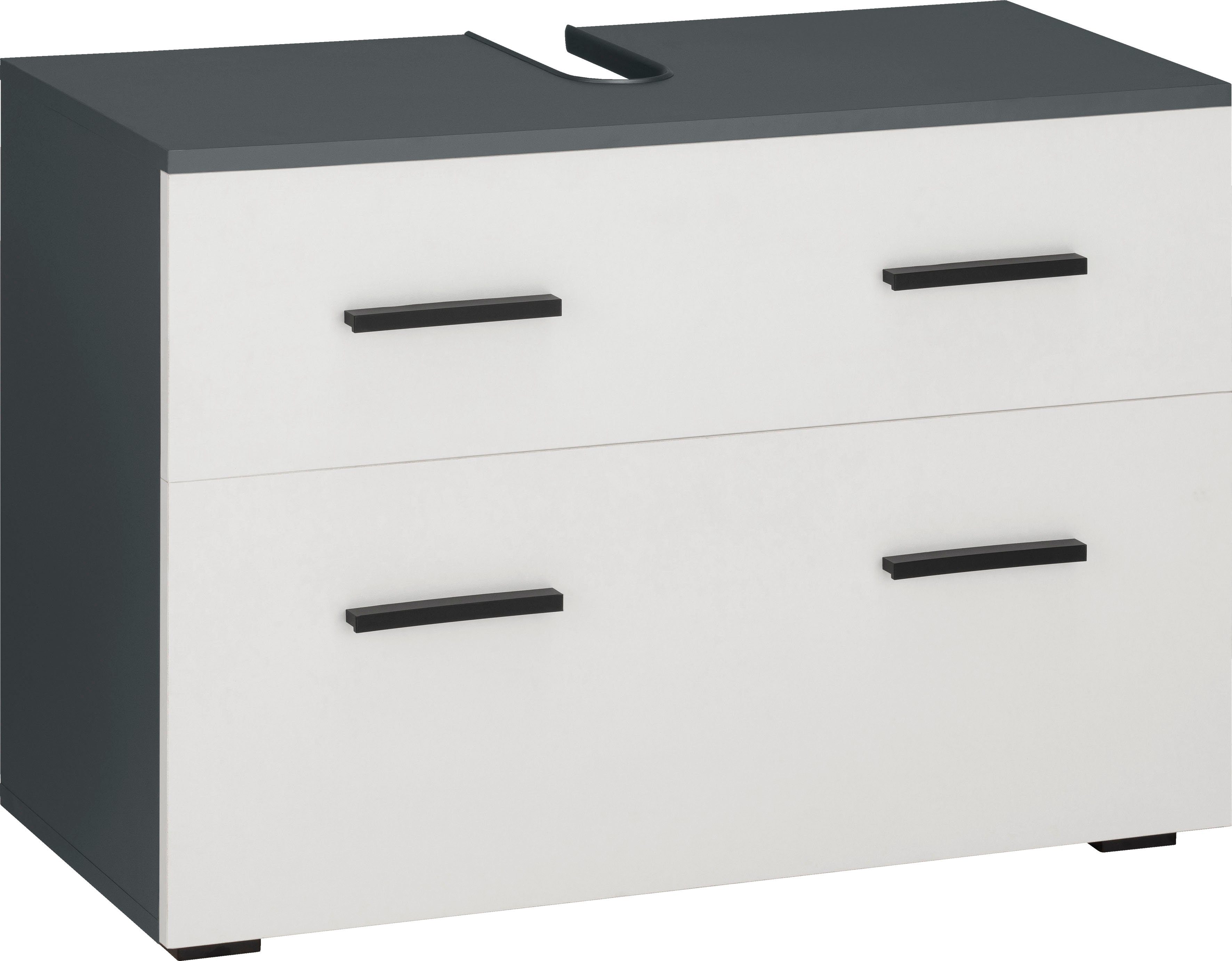 welltime Waschbeckenunterschrank Skara mit Klappe und Schubkasten, schwarze Griffe, Breite 80 cm, Höhe 55 cm