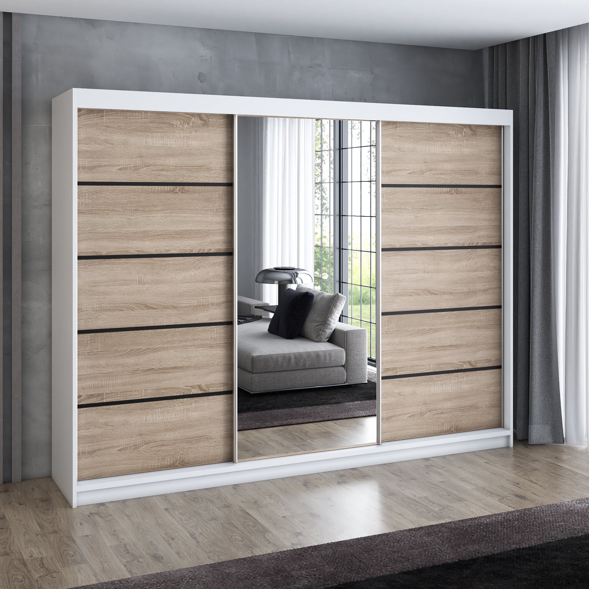 A&J MöbelLand GmbH Schiebetürenschrank VILUNO 3 mit 4 Schubladen und Spiegel (TOP ANGEBOT! Geräumiger Schrank mit einer Breite von 200 cm und Spiegel, ideal zur Aufbewahrung von Kleidung und Accessoires. 4 Schubladen und viel Stauraum. TOP PRODUKT! Wählen Sie das ideale Modell für Ihr Schlafzimmer!, Inclusive 4 Schubladen) Breite: 200 cm, Höhe: 215 cm, Tiefe: 59,5 cm