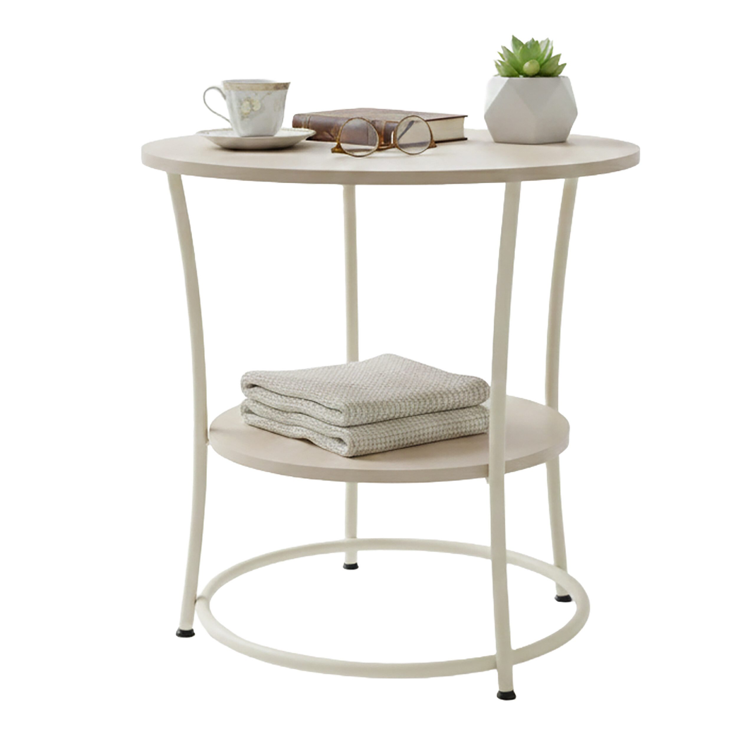 relaxdays Beistelltisch mit 2 Ablage, Creme