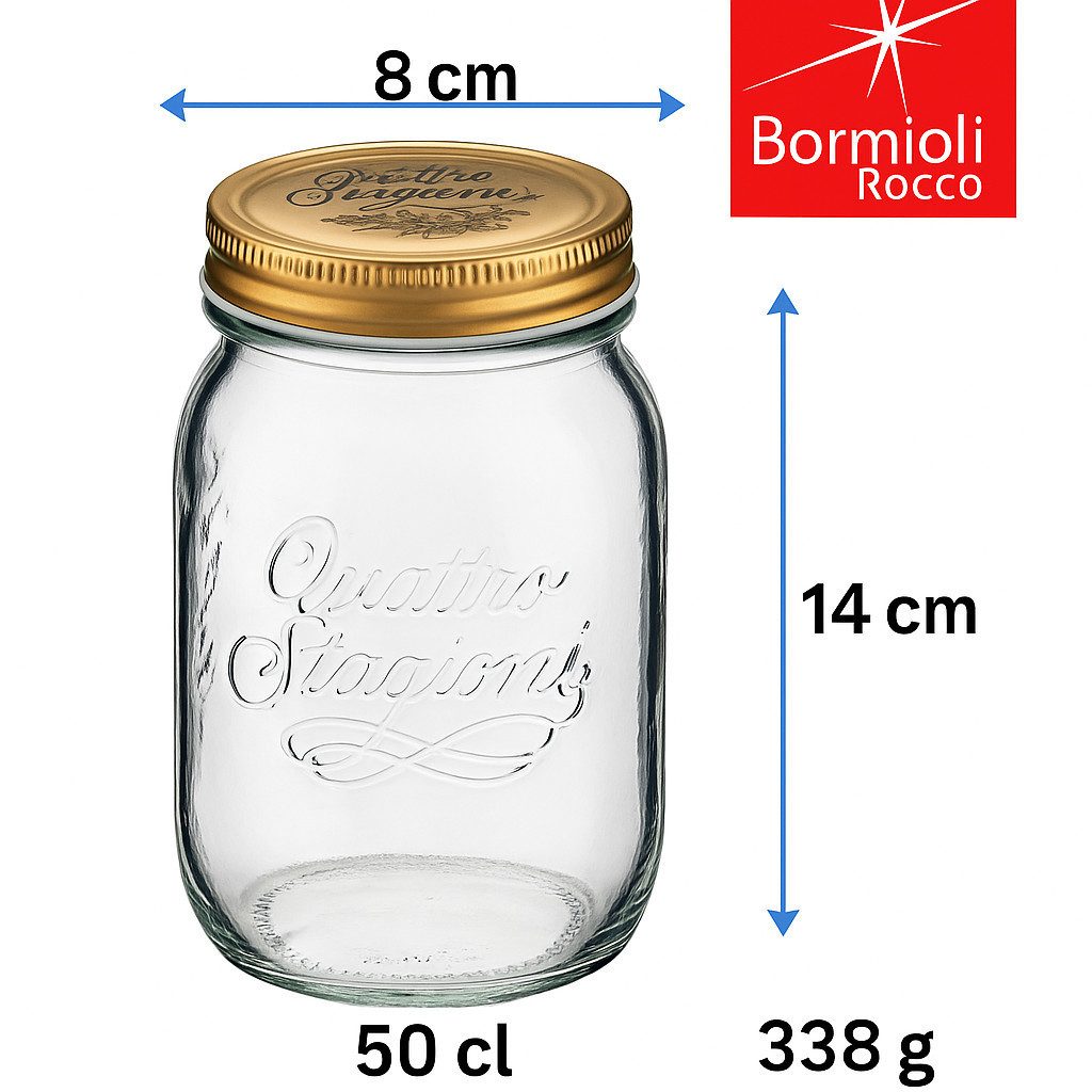 Bormioli Rocco Einmachglas Bormioli Rocco Quattro Stagioni - Multifunktions-Glas Einmachglas 50cl, Glas Made in Italy, (1-tlg), Vielseitiges Glas für Aufbewahrung, Getränke oder Vorräte