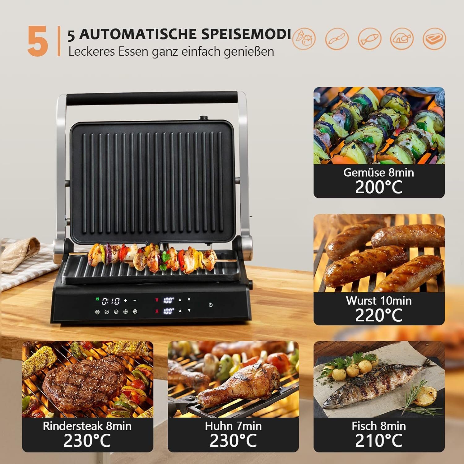KOMFOTTEU Kontaktgrill Panini Pressgrill, 2000,00 W, 0-4H Timer, LED-Anzeige, 180° aufklappbar