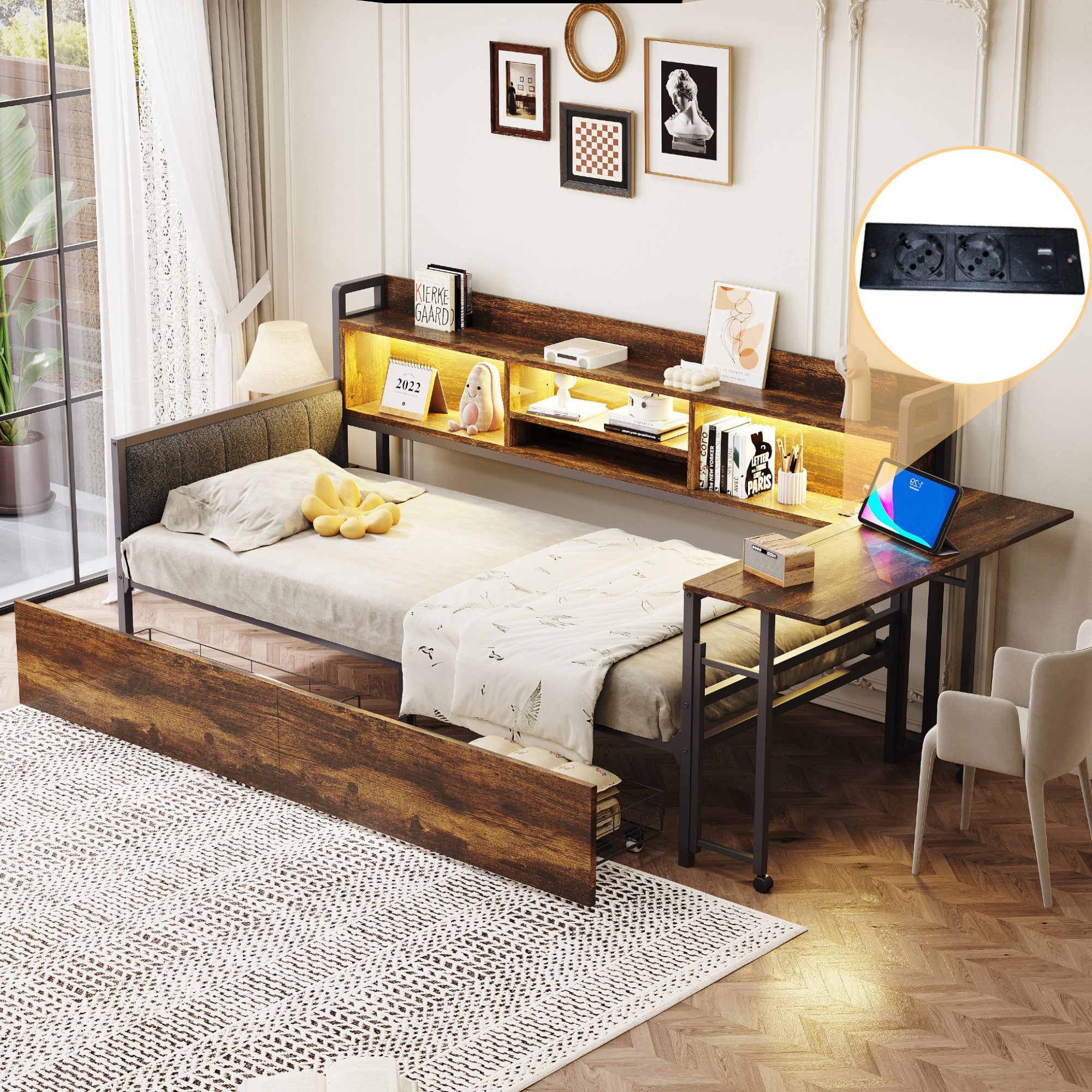 Merax Daybett 90x200cm mit LED-Beleuchtung und Steckdose (Eisen-Sofabett Einzelbett Jugendbett Schlafsofa mit Rückenlehne, 1 tlg), Tagesbett mit Schubladen,ausziehbarem Schreibtisch,Ablagefach,Stauraum