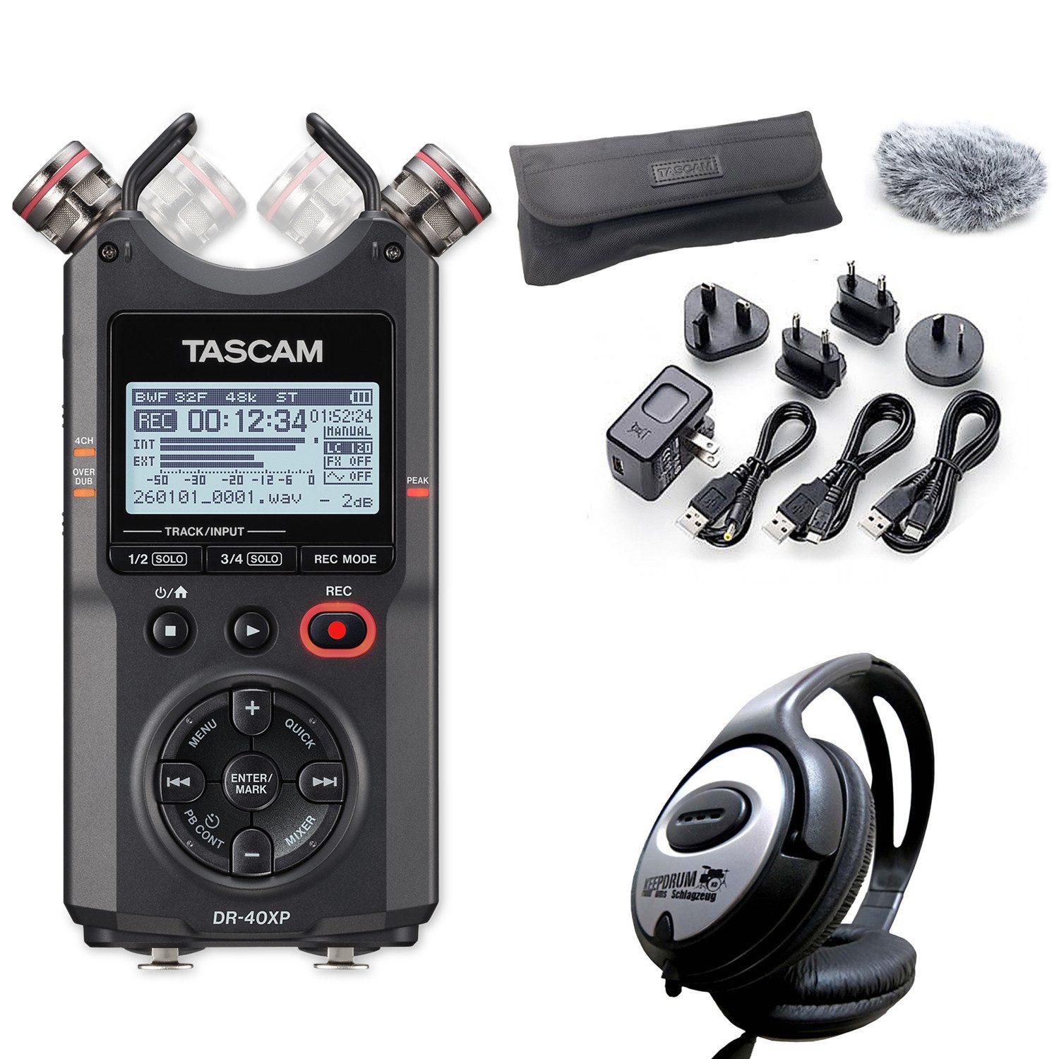 Tascam Tascam Audio-Recorder DR-40XP mit Zubehörset und Kopfhörer Digitales Aufnahmegerät (Vorteils-Set mit Zubehör)