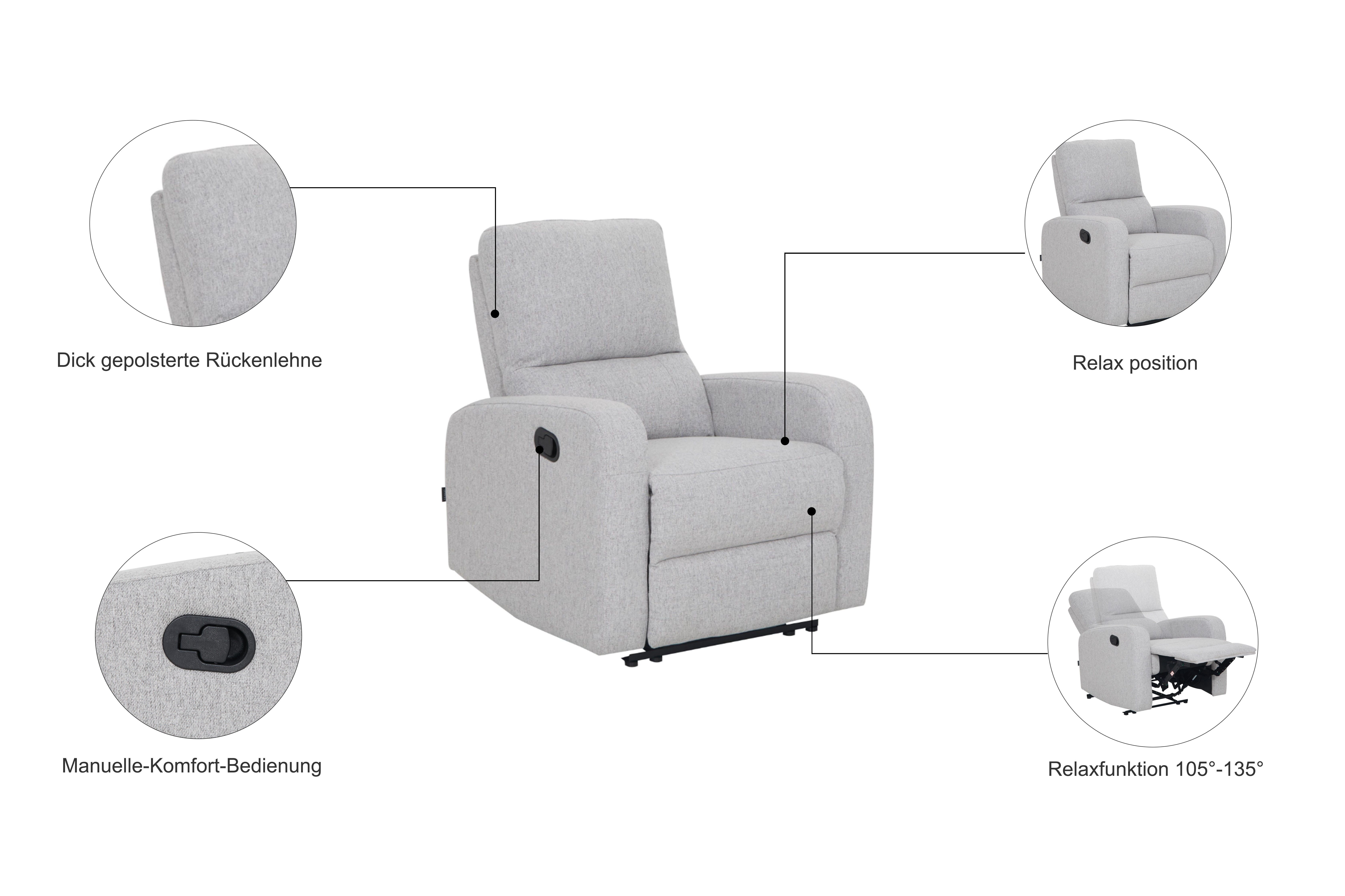 Home affaire Relaxsessel TOURNAY, TV-Sessel mit Recliner - und Liegefunktion, Webstoff, Ruhesessel mit Beinablage, Liegefläche ideal verstellbar 105°-135°