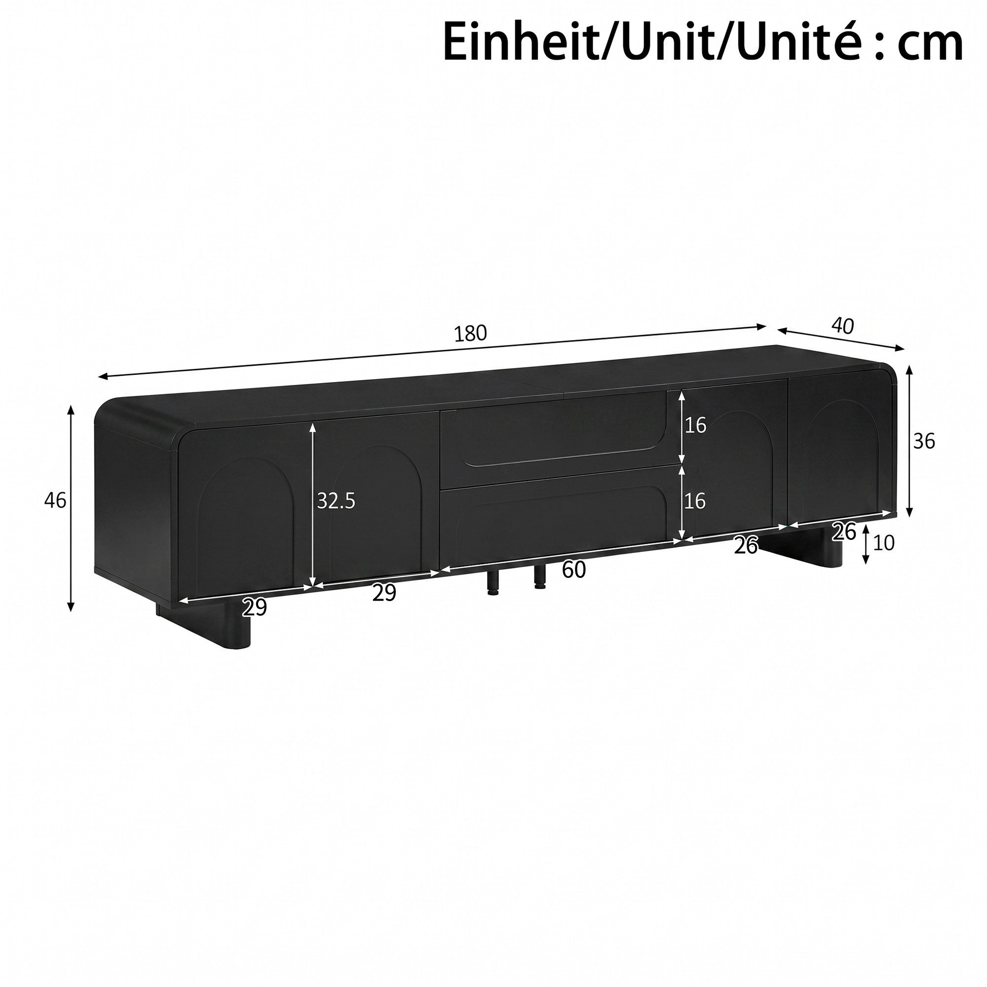Merax Lowboard mit abgerundeten Kanten und Kabelöffnung (1 St., 180 x 40 x 46 cm (L x B x H), TV-Schrank mit 4 Türen, 2 Schubladen & gedämpften Scharnieren – Bild 5 von 5