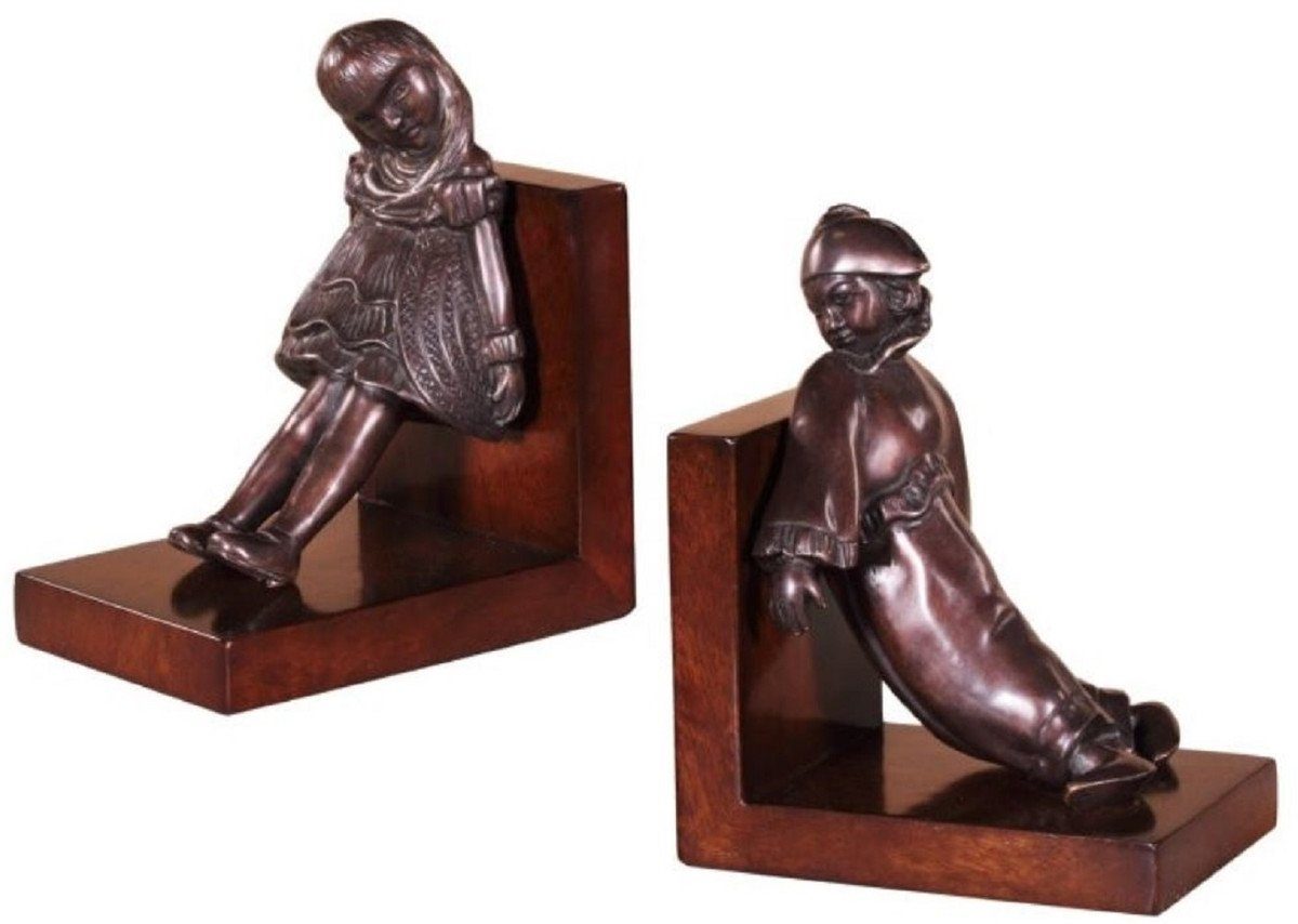 Casa Padrino Buchstütze Luxus Buchstützen Set Mädchen & Clown Bronze / Braun 14 x 10 x H. 17 cm - Deko Bronzefiguren mit Holzsockel