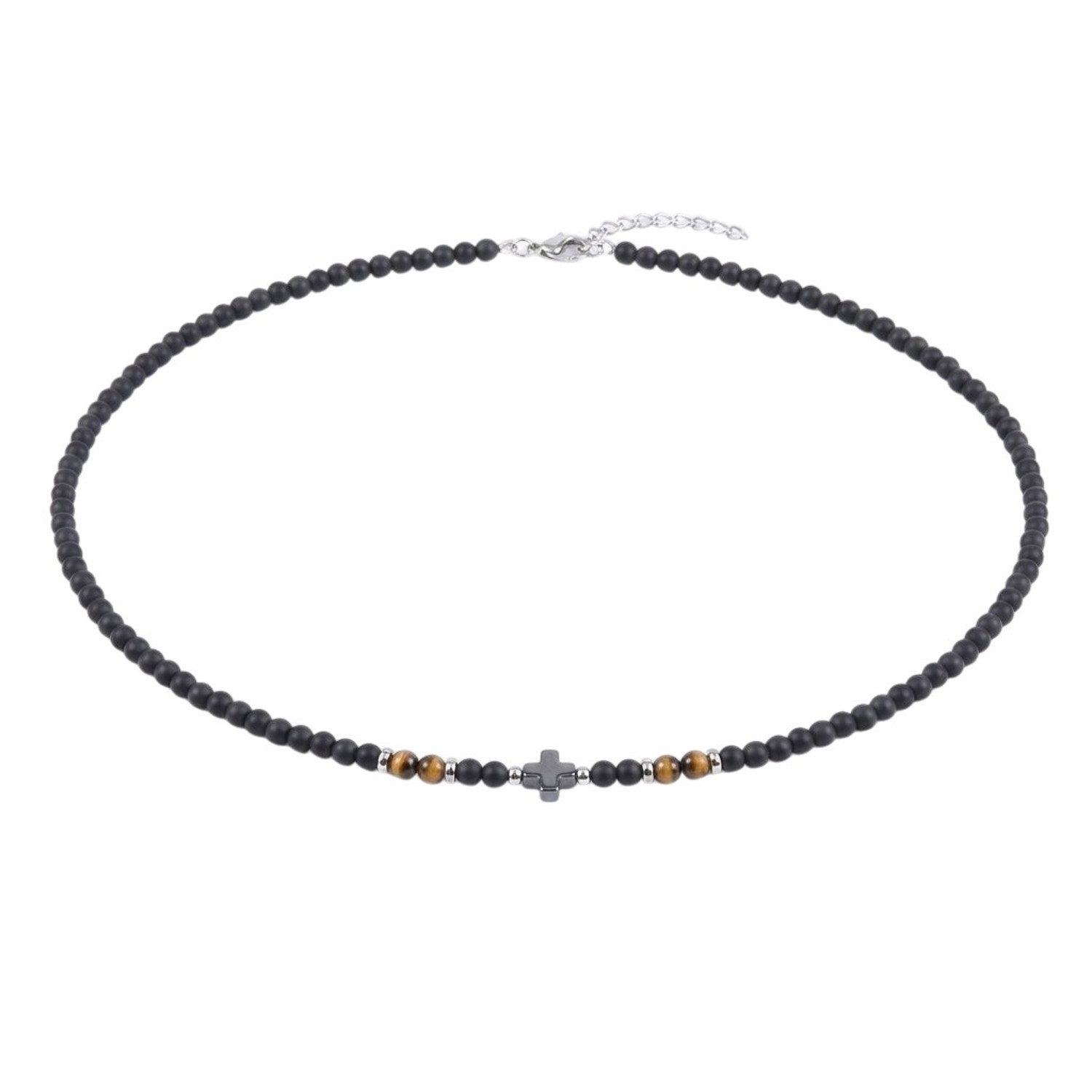 KARMA Perlenkette Schwarz Edelstahl 50 cm Perlen Tigerstein Herren (Halskette, 1-tlg., Herrenhalskette Geschenk für Ihn), Kette Herrenschmuck Männer