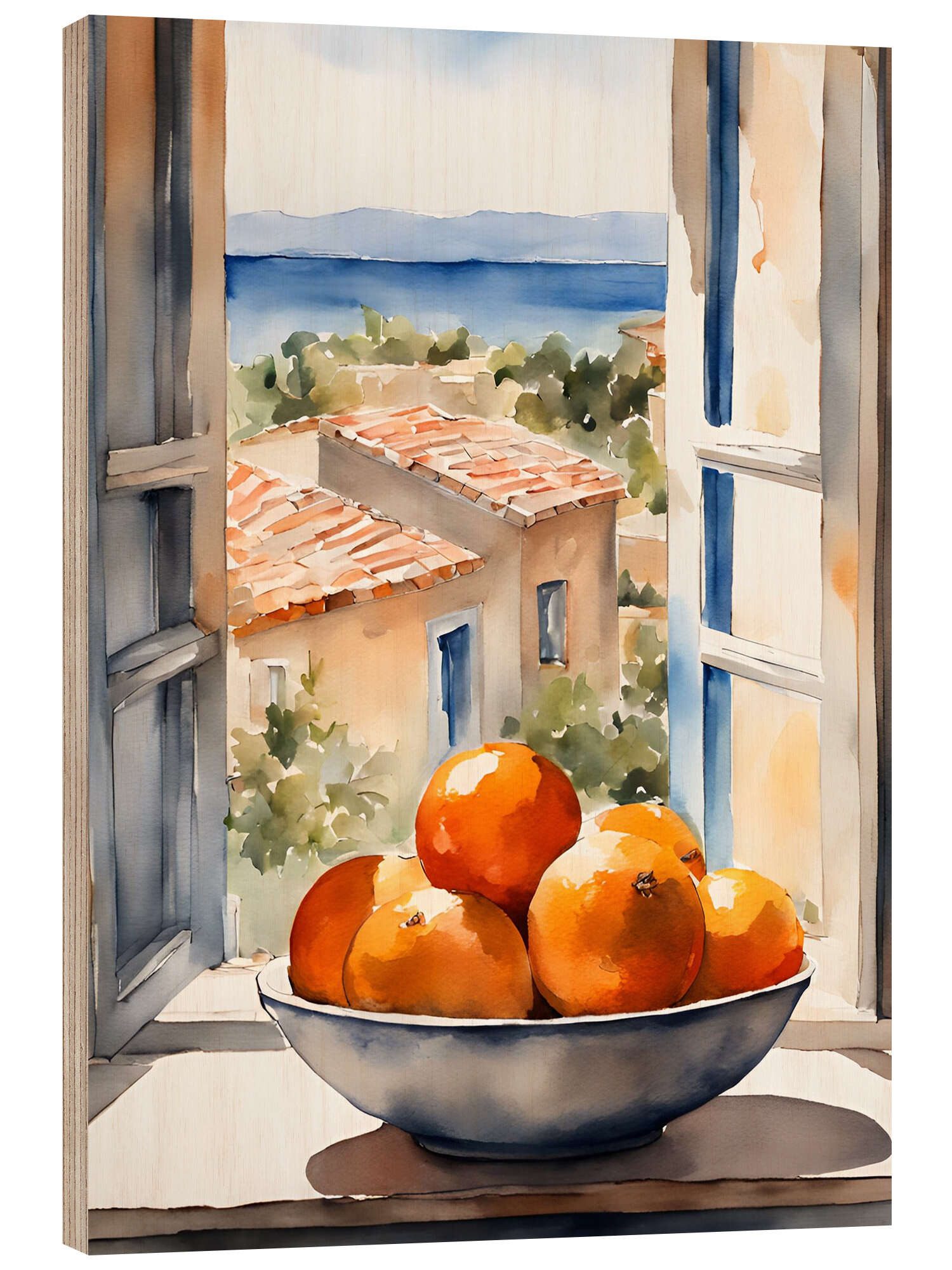 Posterlounge Holzbild Ohkimiko, Orangen in Schale mit mediterraner Aussicht, Mediterran Malerei