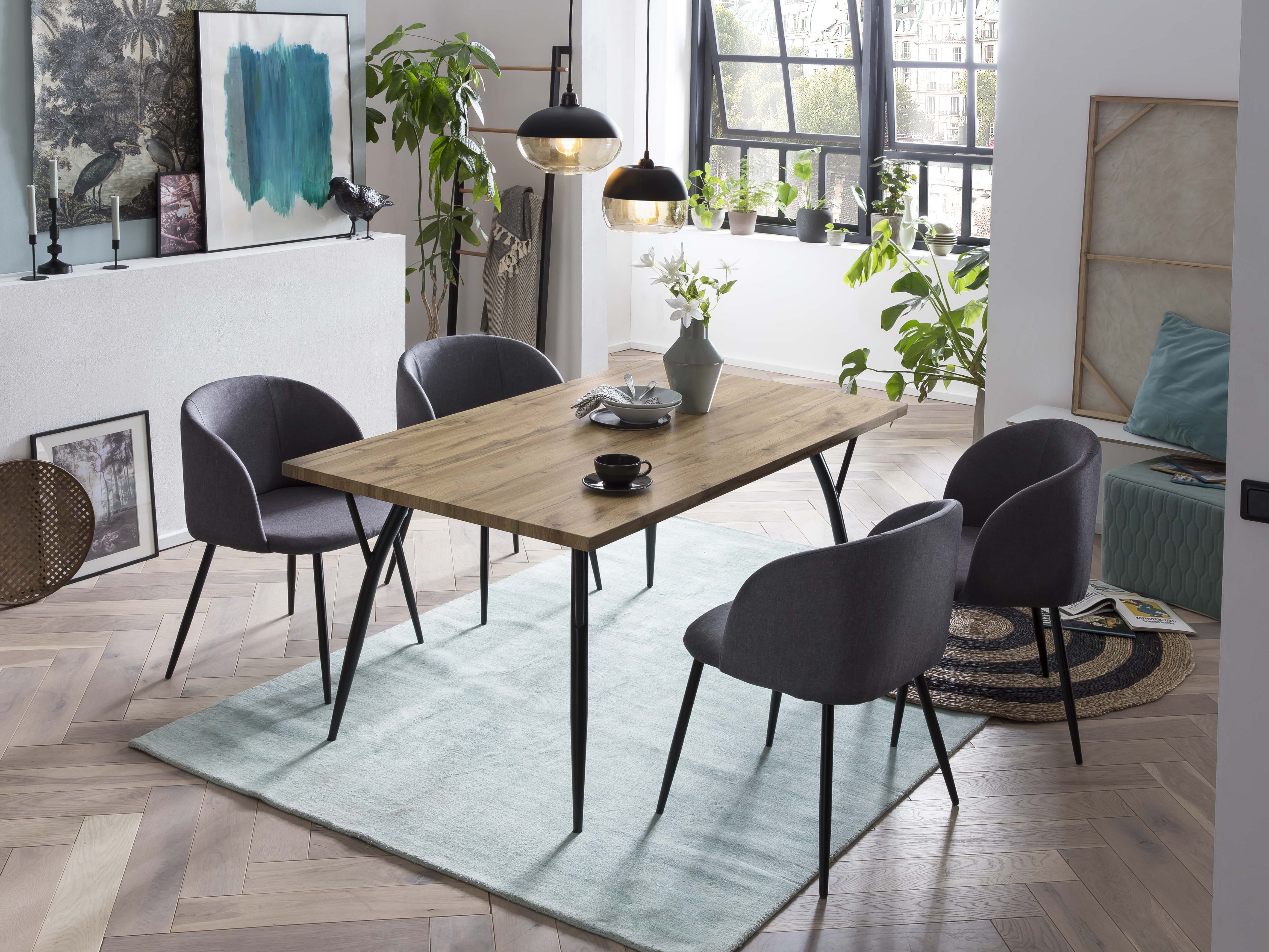 TPFLiving Esstisch LEVI - 150x77x90 stylischem Beine cm 3,5 Plattenstärke: Esszimmer 1-St., Metall 4-Fuß-Gestell, mit mit (Hochwertiger Designertisch, cm MDF Küchentisch Tisch Maße Beine naturfarben, - schwarz), (BxHxT): Esszimmertisch, - Eiche-Dekor