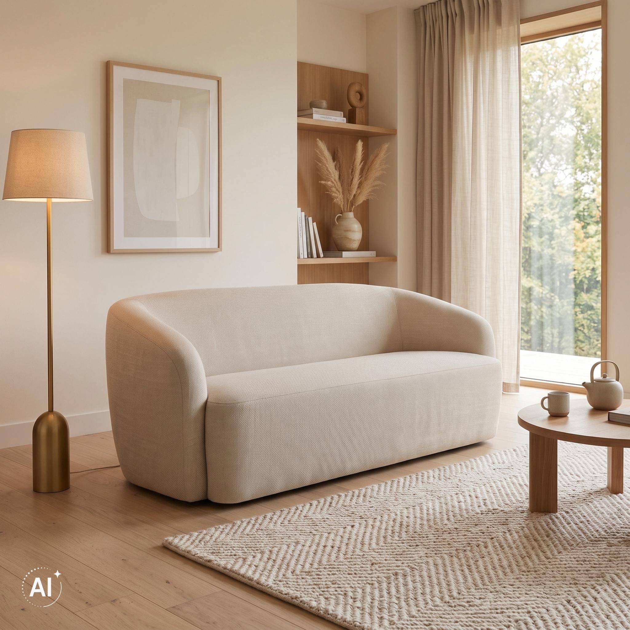 MR.DEKO Loungesofa Lounge Sofa Loconia – 2,5-Sitzer, 170x76x89 cm, beige, skandinavisch, 2,5-Sitzer Sofa, montiert geliefert, kombinierbar mit Sessel 1 Teile, Couch mit geschwungenen Armlehnen & Komfortkissen, Strukturstoff