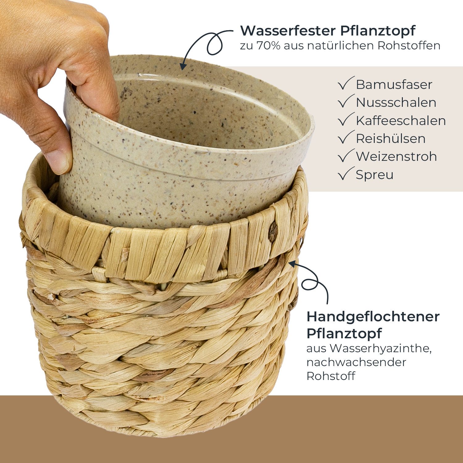 HMF Wasserhyazinthentopf Innovativer Blumentopf geflochten aus Wasserhyazinthe (1 St), mit Pflanztopf aus nachhaltigen Rohstoffen, Rund, ø14 cm