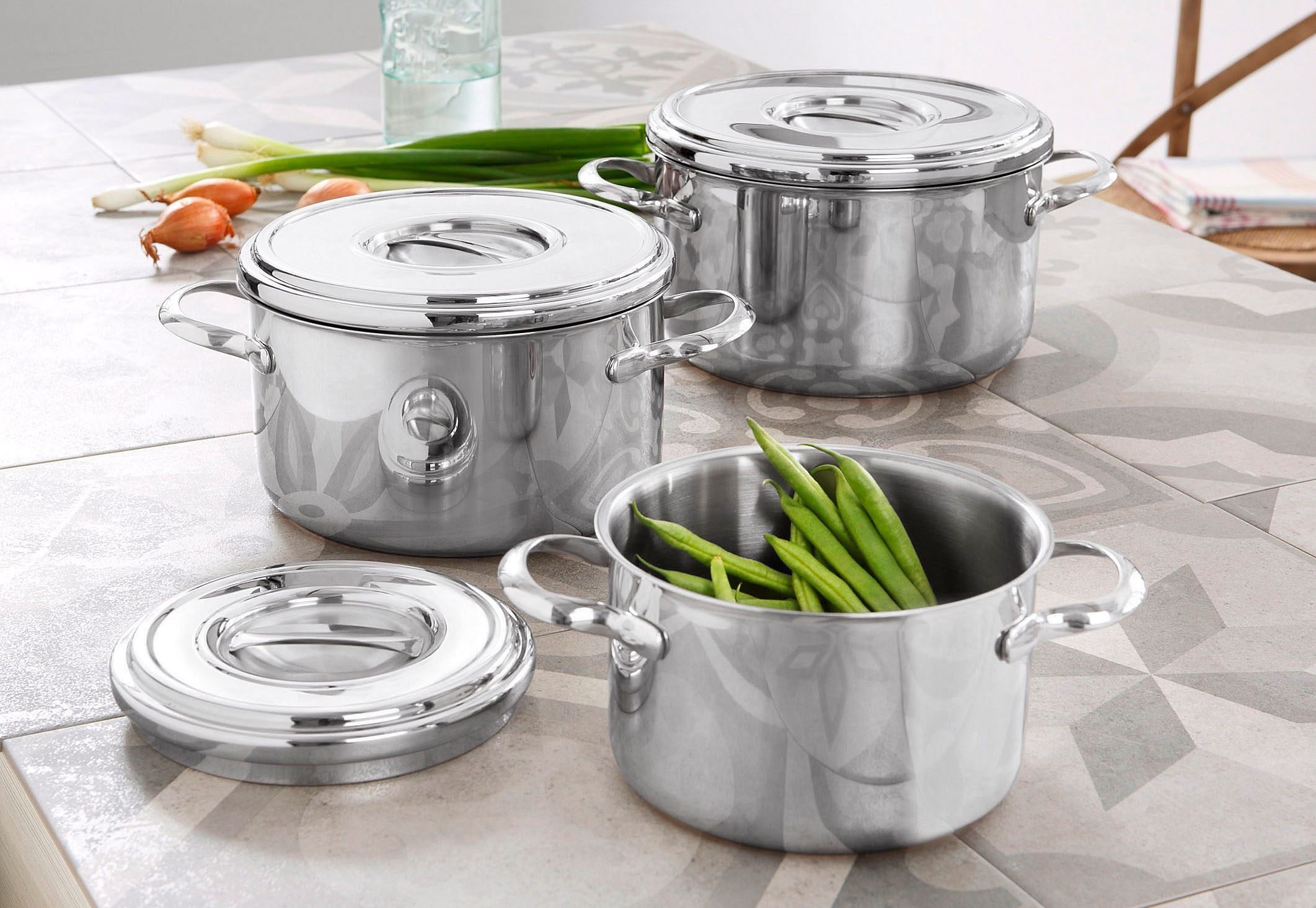 SCHULTE-UFER Topf-Set Romana, Edelstahl 18/10 (Set, 6-tlg., 1x Fleischtopf Ø 16 cm, 1x Fleischtopf Ø 20 cm, 1x Fleischtopf Ø 22 cm), Induktion