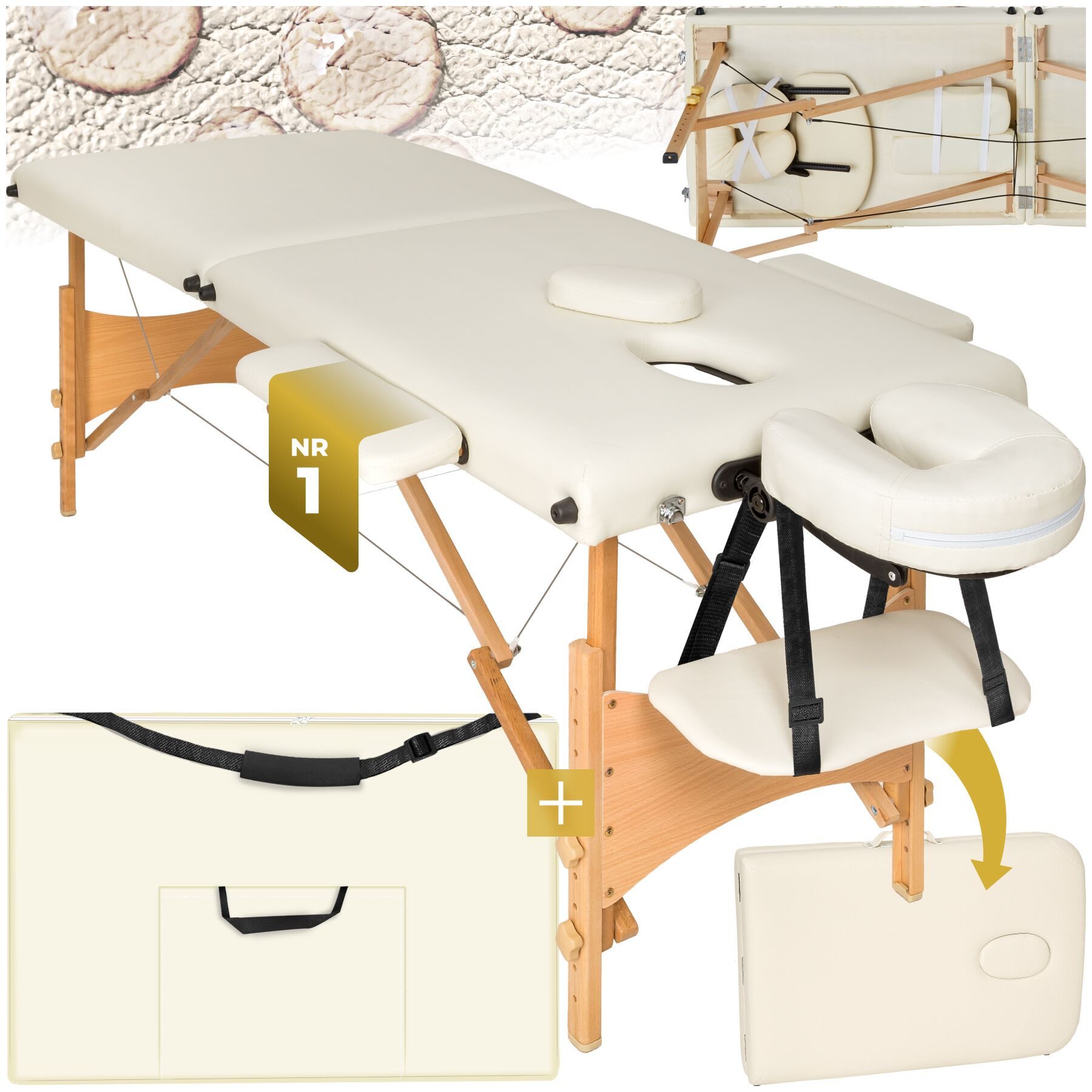 tectake Massageliege 2-Zonen-Massagetisch-Set, Maße: 210 x 95 x 84 cm, Polsterung 5 cm (Kosmetikliege Freddi, 1-St., in beige), Breite 61 cm, Tragetasche, Holzgestell, klapp- & höhenverstellbar