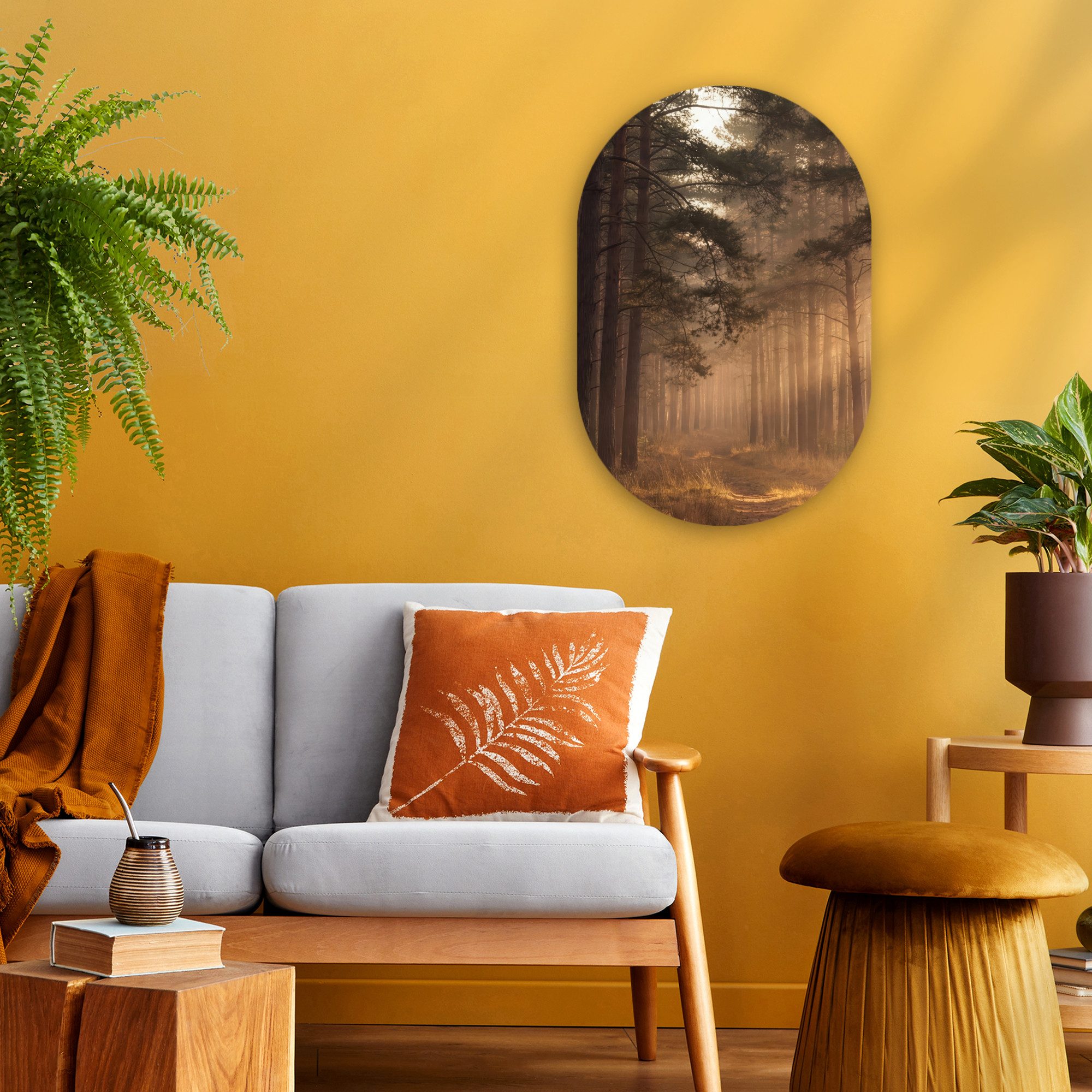 MuchoWow Gemälde Wald - Nebel - Sonnenlicht, Fotodruck (1 St), Wandbild Oval, Wohnzimmer oder Schlafzimmer Wanddekoration, 40x60 cm