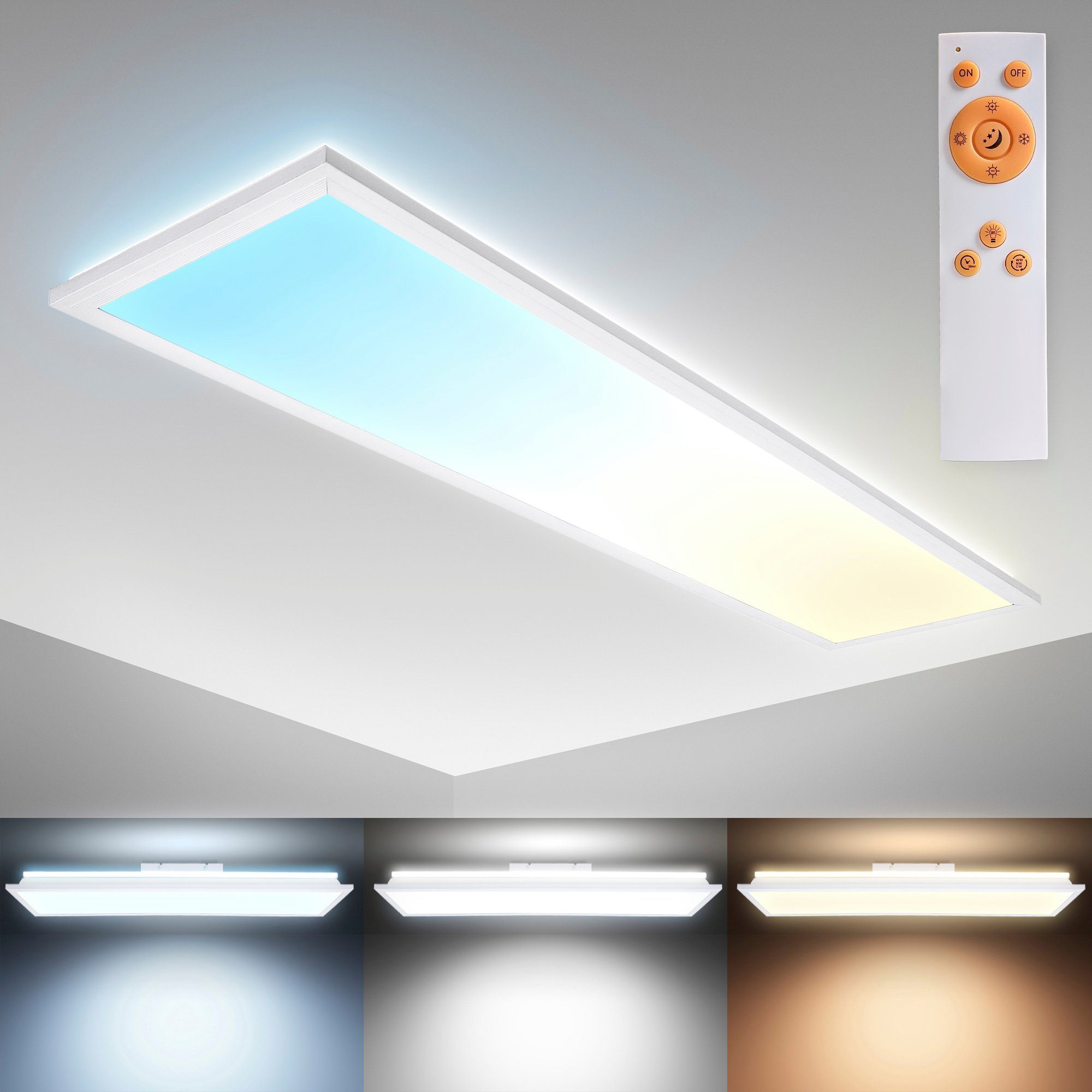 B.K.Licht LED Deckenleuchte BK_PL1495 LED Deckenlampe mit Fernbedienung,  Dimmbar, Indirektes Licht, CCT - über Fernbedienung, LED fest integriert,  warmweiß - kaltweiß, Farbtemperatursteuerung, 3.000K - 6.500K, 100x25x6,5  cm, 24W,