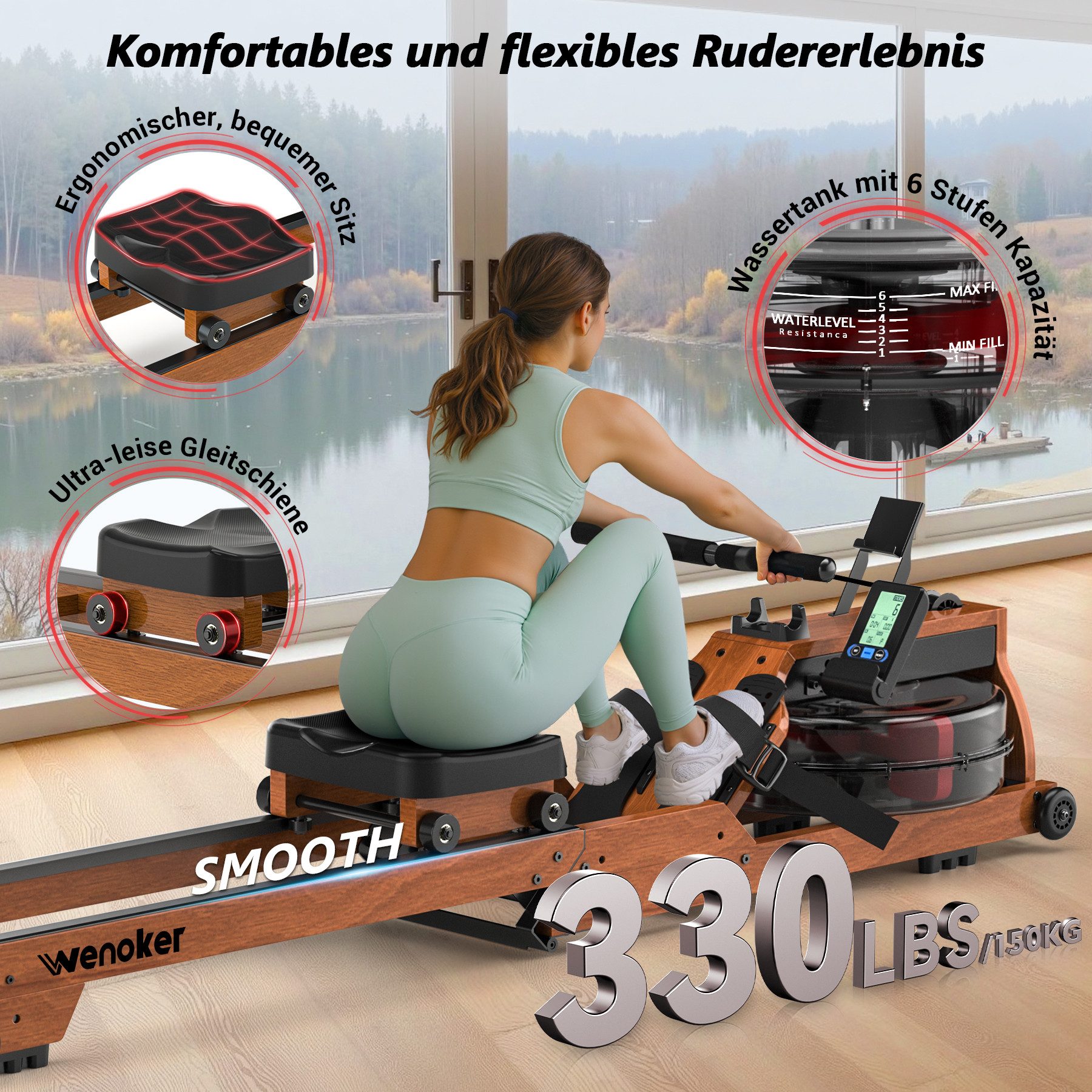 Wenoker Rudergerät hochwertiges Faltbares Wasserrudergerät aus Massivholz für Zuhause (1-tlg), mit Bluetooth-Monitor & Tablet-Halter, bis 150 kg belastbar – Bild 5 von 5