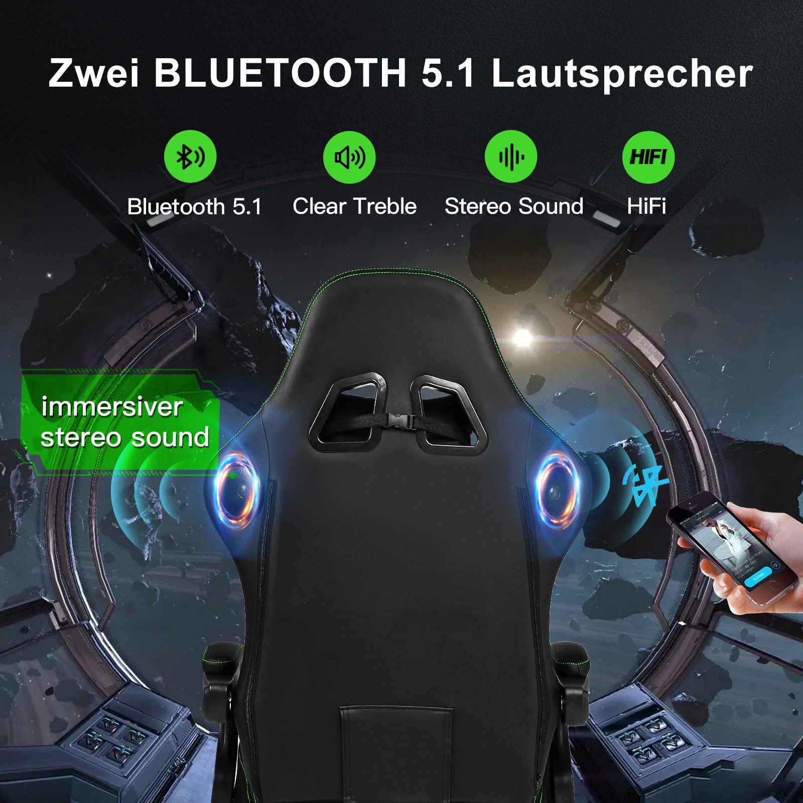 GTPLAYER Gaming-Stuhl ergonomischer Bürostuhl mit HIFI Stereo Lautsprecher, Verbindungsarmlehen beeindrukende Klang-atmosphäre – Bild 5 von 5