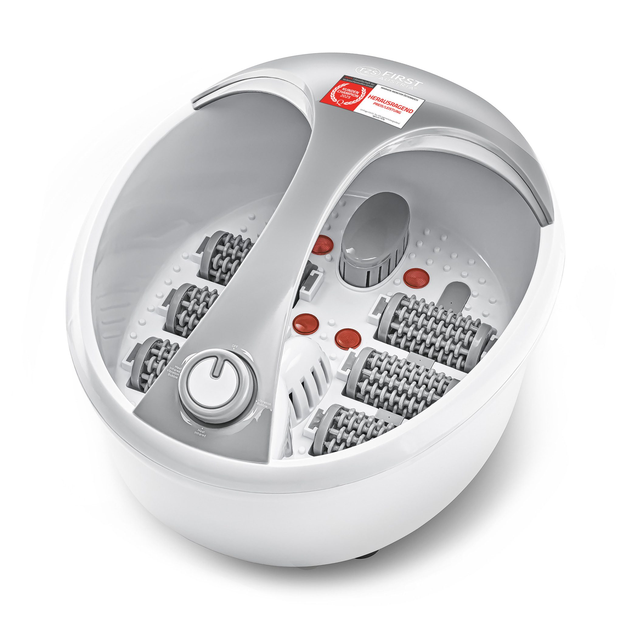 TZS FIRST AUSTRIA Fußmassagegerät mit Massagefunktion, 450W, bis 45°C, 6 Massagewalzen, Fußbad mit Infrarot- und Heizfunktion, Griff, Aromabox