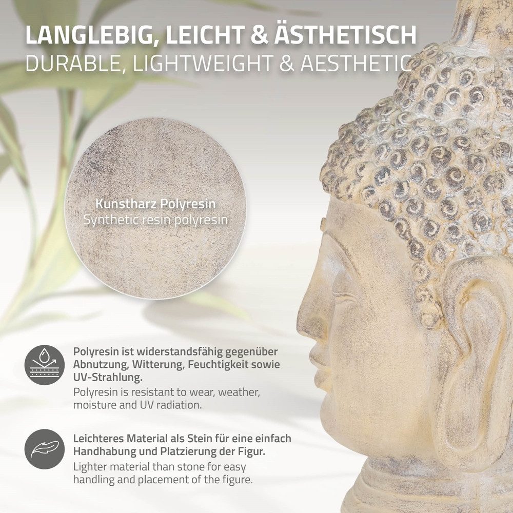ECD Germany Dekofigur Deko Buddha Kopf Statue für Yoga, Feng-Shui, Haus, Wohnung & Garten, Beige-Grau aus Kunststein, Gartenfigur Skulptur Dekoration Innen/Außen