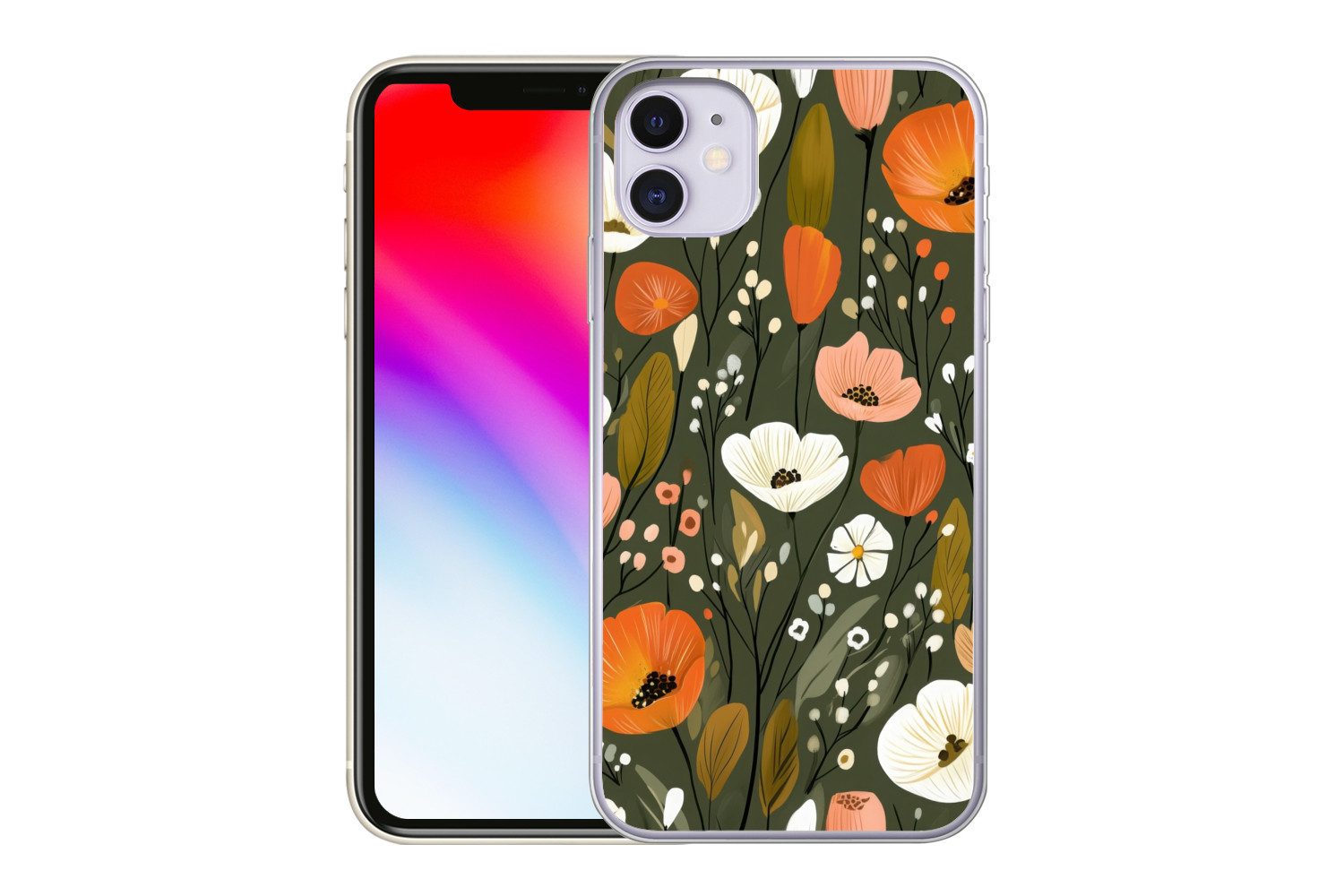 MuchoWow Handyhülle für Apple iPhone 11 Blumen - Illustration - Grün, Smartphone-Bumper, Print, Handy Schutzhülle Dünn